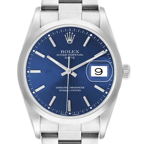 The Rolex Date 15200 Men's Stainless Steel Blue Dial model is shown from a front angle, displaying the blue dial, hands, indices, and date window.