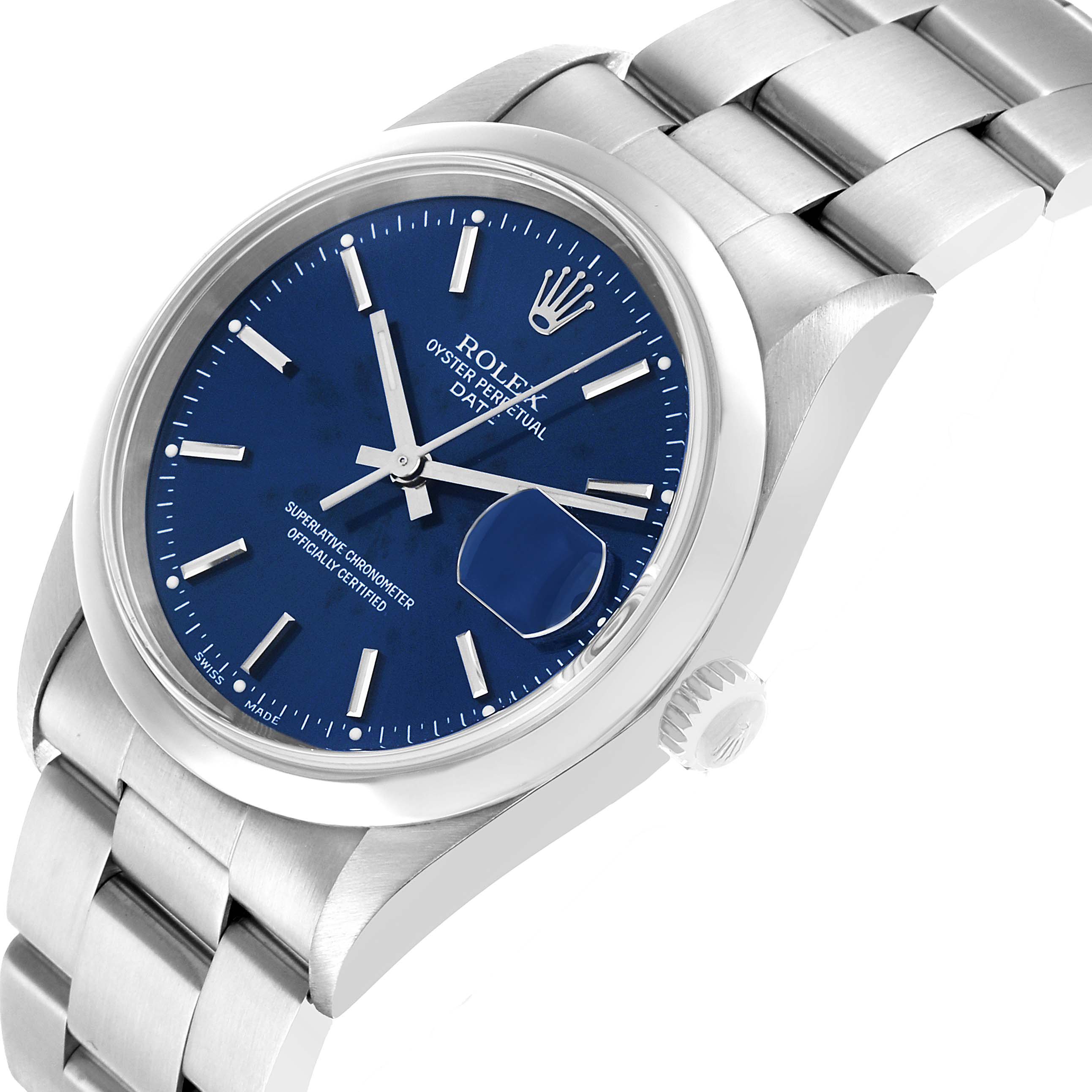 The image shows a Rolex Date 15200 Men's Stainless Steel Blue Dial watch at an angled view, highlighting the blue dial, crown, and metal bracelet.