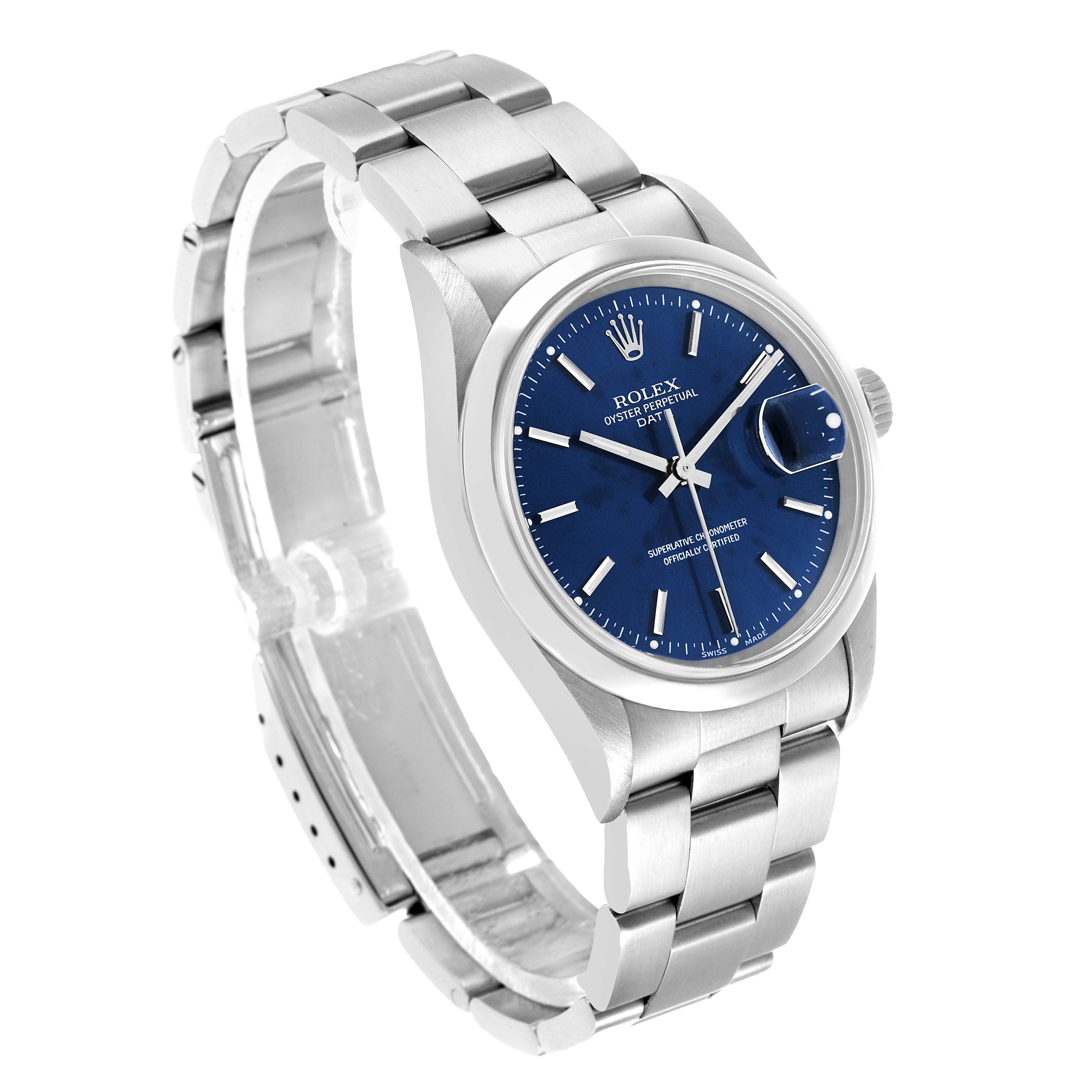 The Rolex Date 15200 Men's Stainless Steel Blue Dial watch is shown at an angled side view, highlighting the blue dial, bezel, case, and bracelet.