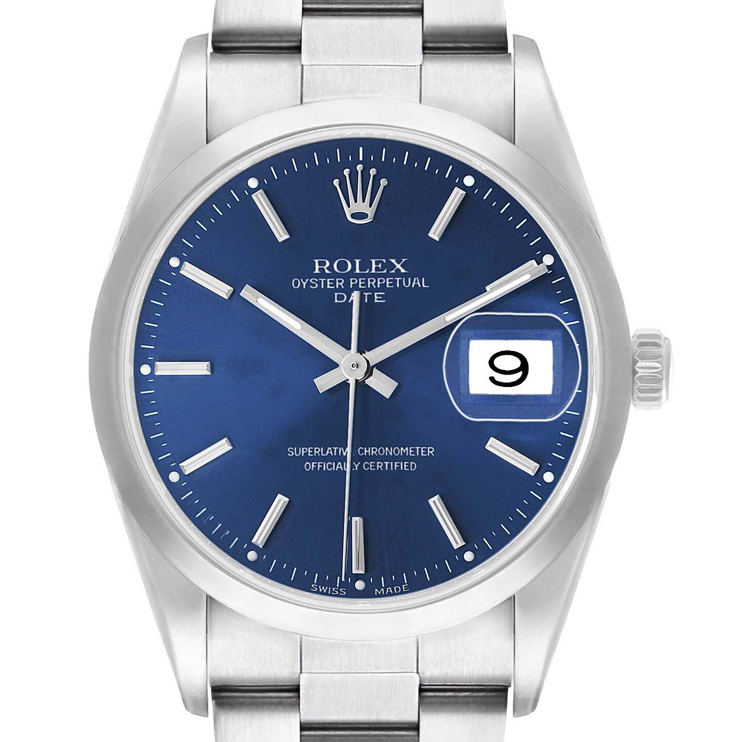 The Rolex Date 15200 Men's Stainless Steel Blue Dial model is shown from a front angle, featuring its blue dial, date window, and silver bracelet.