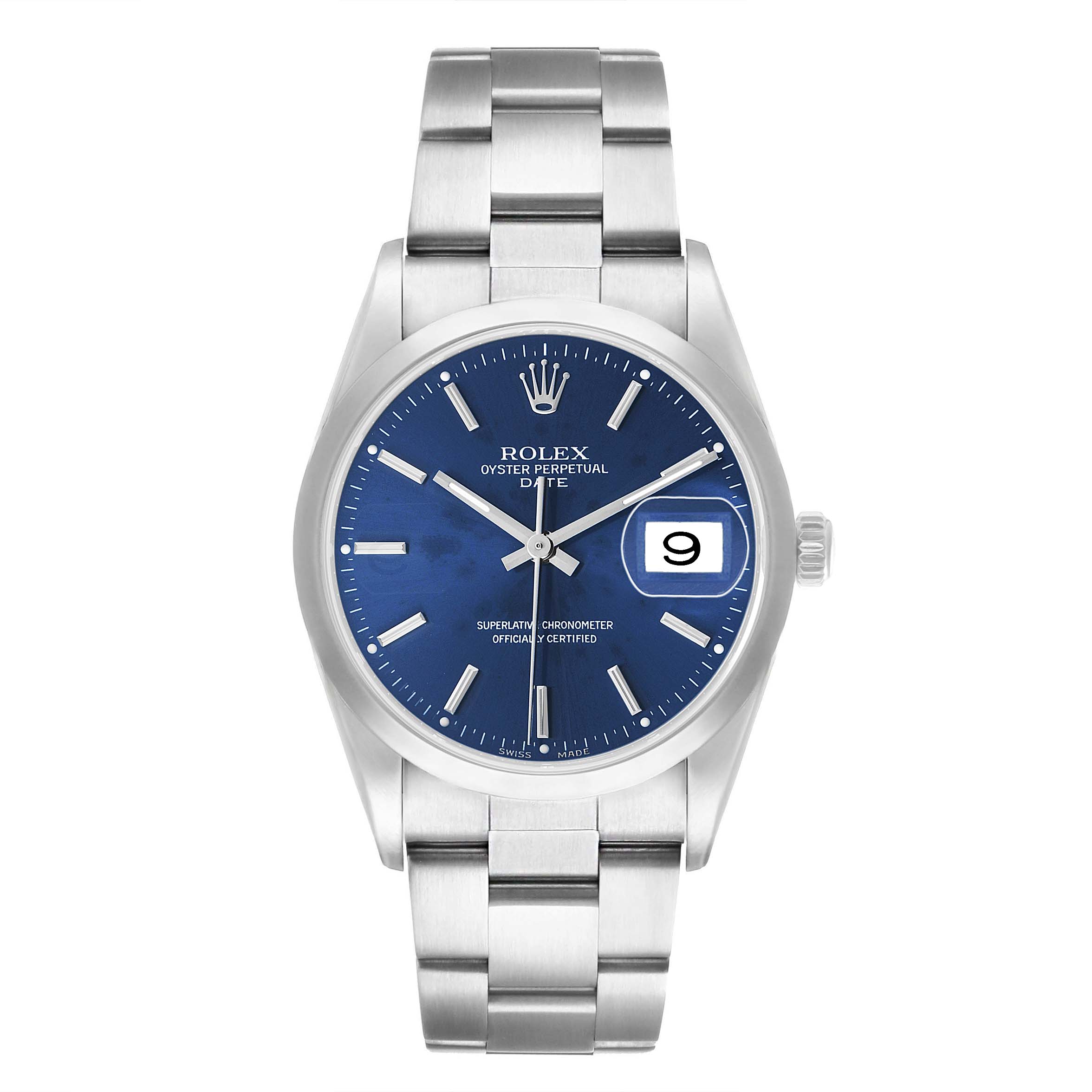 The Rolex Date 15200 Men's Stainless Steel Blue Dial model is shown from a top view, highlighting the dial, case, bracelet, and date window.
