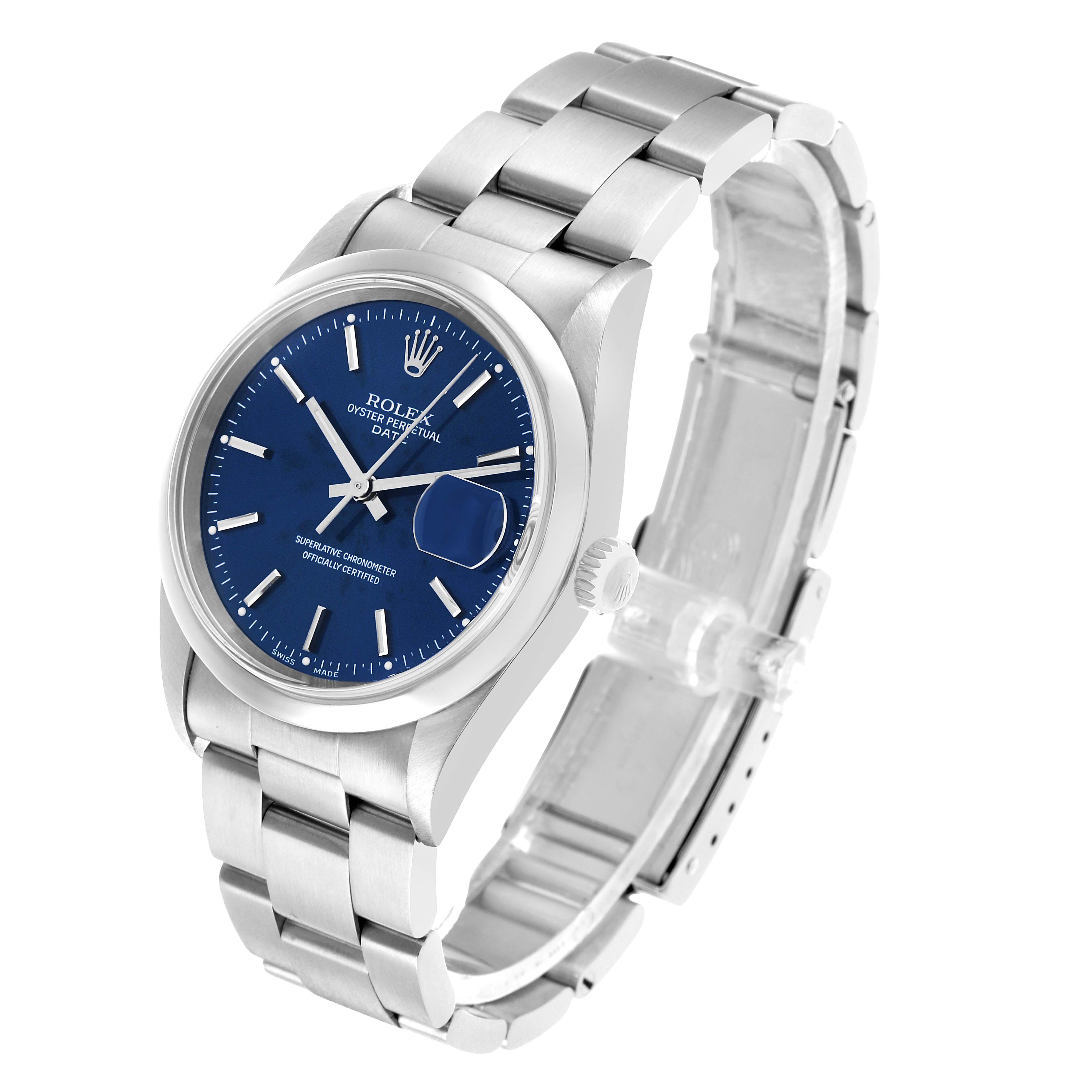 The Rolex Date 15200 Men's Stainless Steel Blue Dial watch is shown at a three-quarter angle highlighting the blue dial, bracelet, and crown.