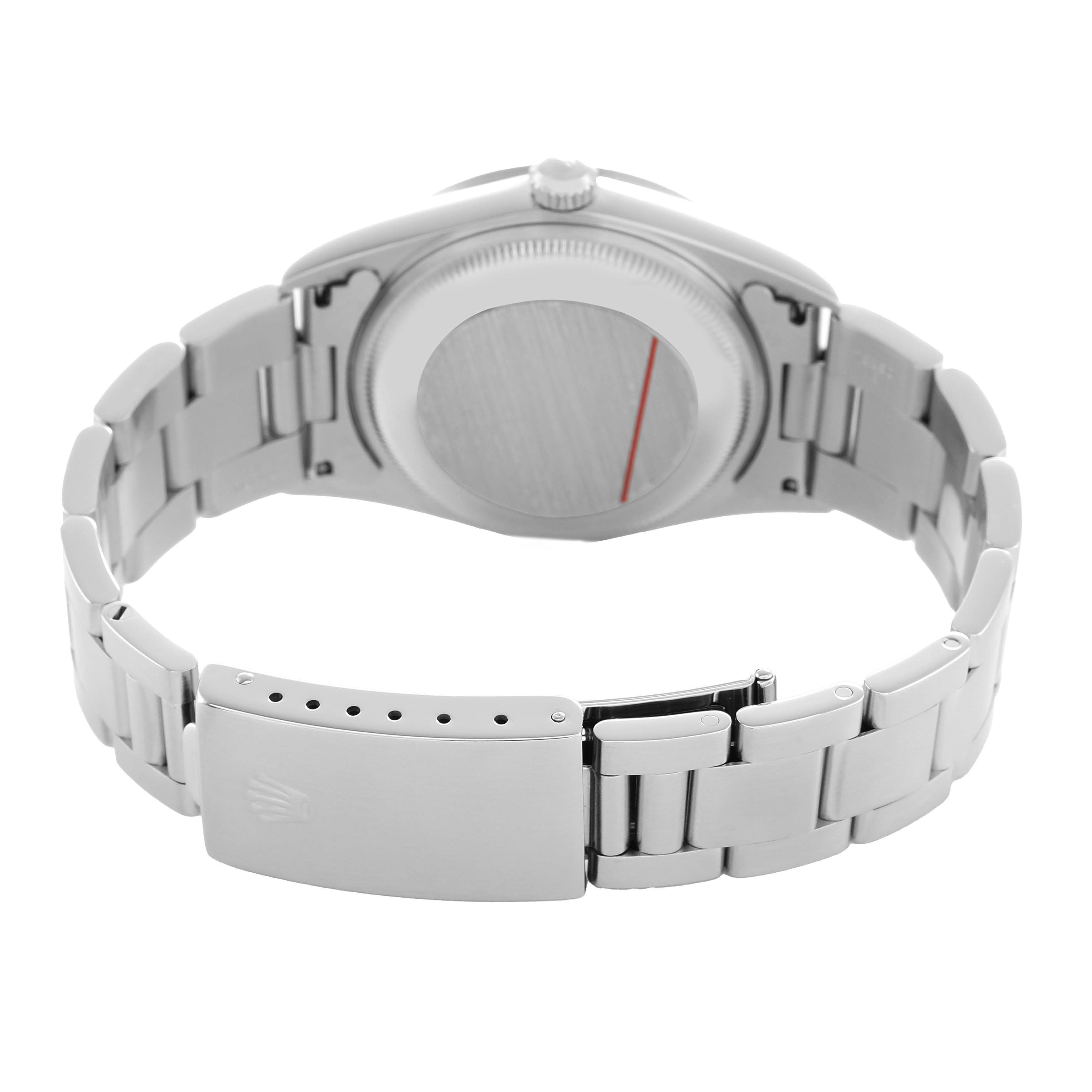 The image shows the back view of a Rolex Date 15200 Men's Stainless Steel Blue Dial model watch, highlighting its clasp, bracelet, and case back.