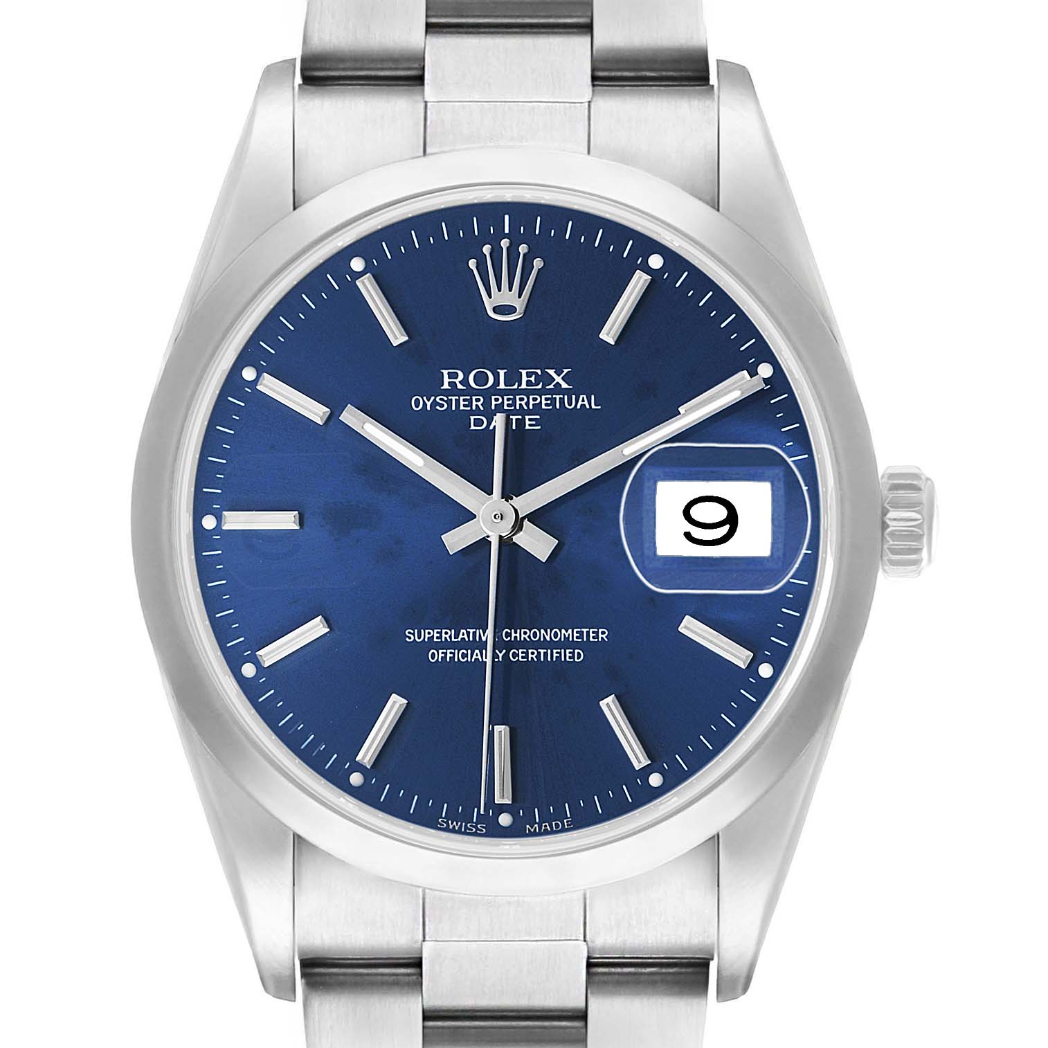 The Rolex Date 15200 Men's Stainless Steel Blue Dial model watch is shown from a frontal angle, featuring its blue dial, crown, and bracelet.