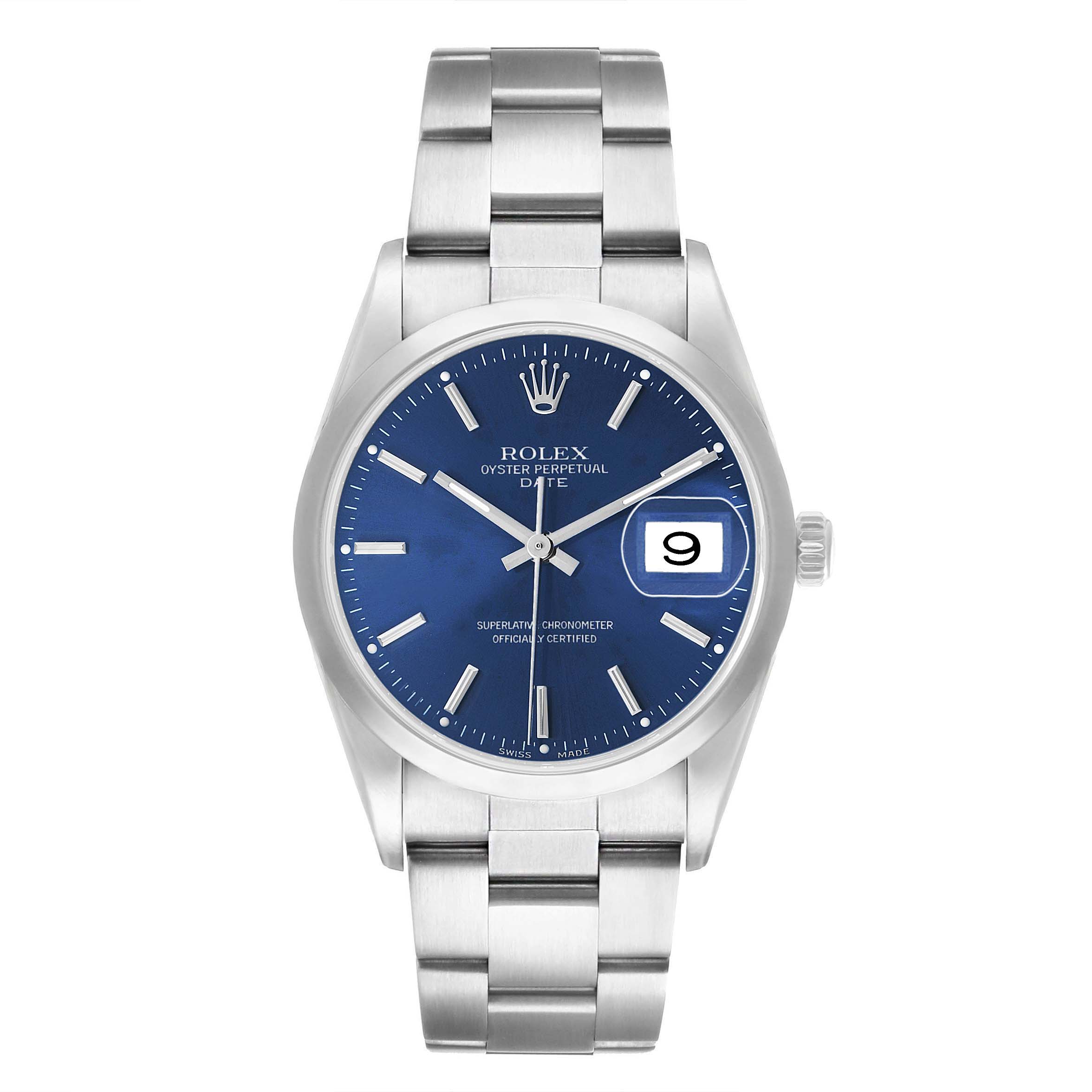 The Rolex Date 15200 Men's Stainless Steel Blue Dial model is shown from a front view, displaying its blue dial, date window, and stainless steel bracelet.