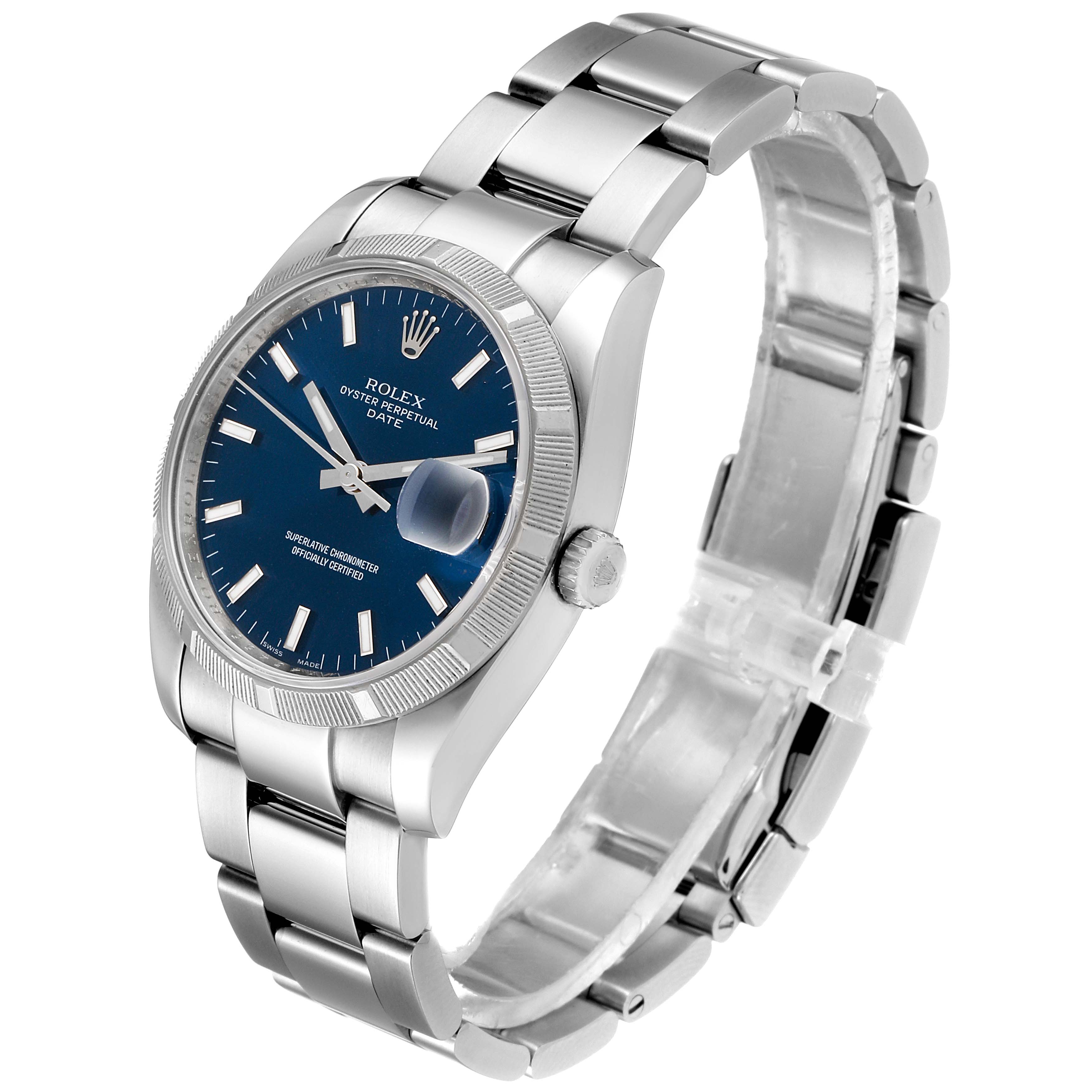 The Rolex Date 115210 Men's Stainless Steel Blue Dial 115210 Men's Stainless Steel Blue Dial model watch is shown at a three-quarter angle, displaying the dial, bezel, crown, and bracelet clearly.