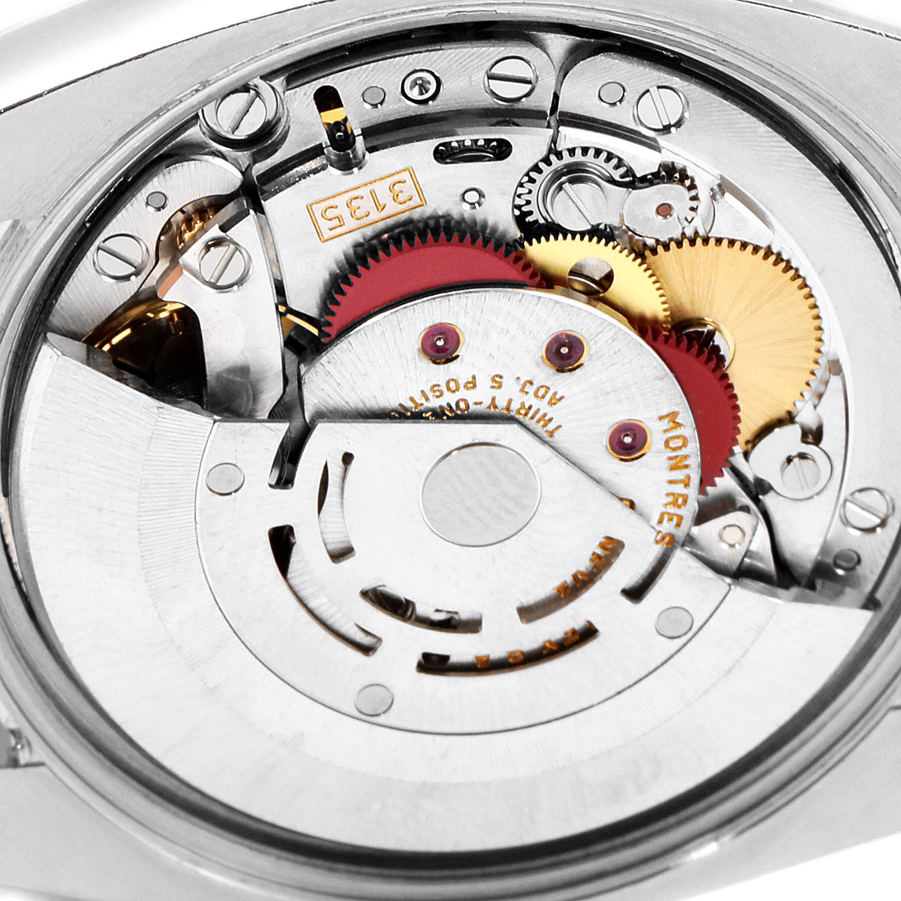 This is a close-up view of the movement and internal mechanism components of a Rolex Date 115210 Men's Stainless Steel Blue Dial 115210 Men's Stainless Steel Blue Dial model watch.