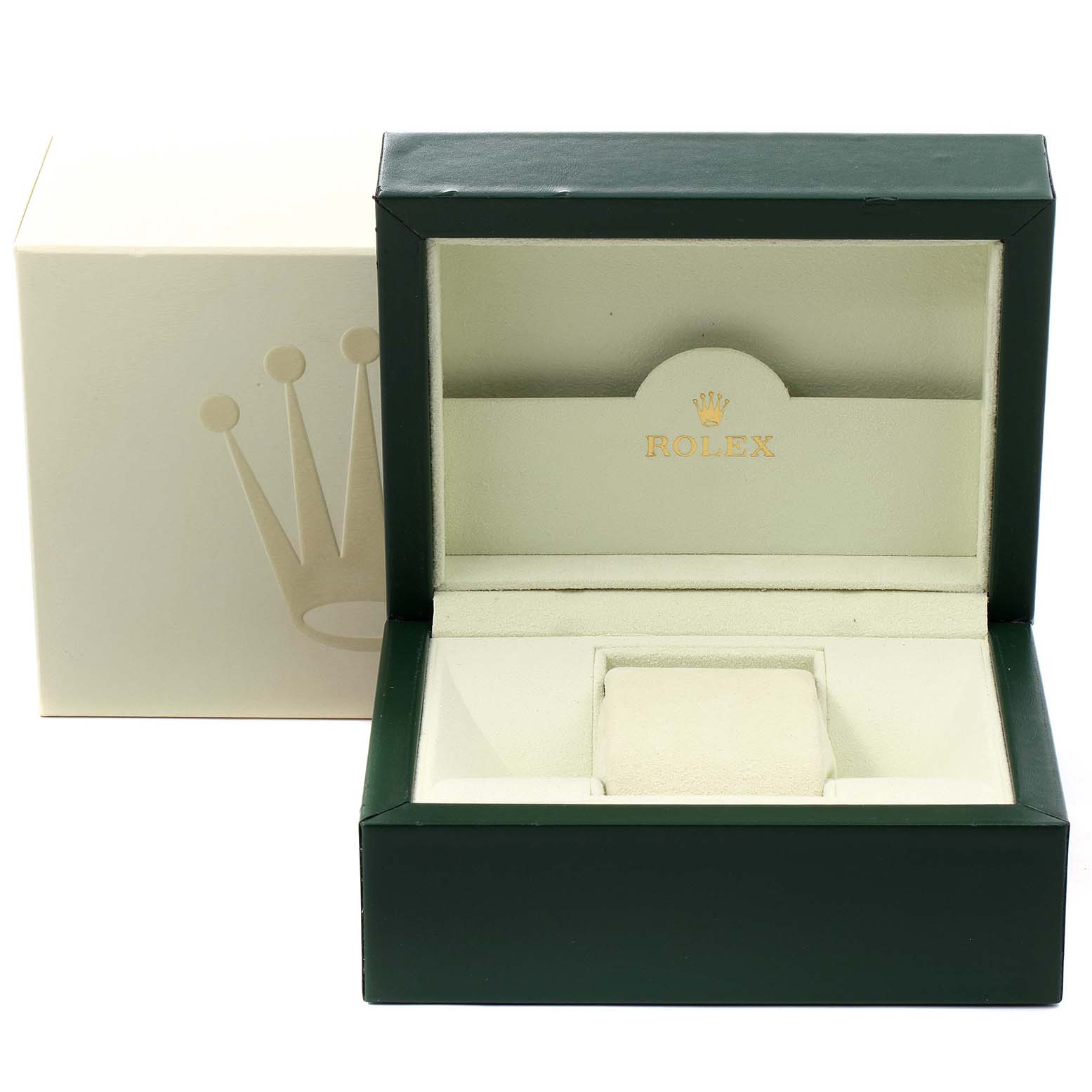 The image shows an open box for a Rolex Date 115210 Men's Stainless Steel Blue Dial 115210 Men's Stainless Steel Blue Dial watch, revealing the cushioned interior and exterior packaging.