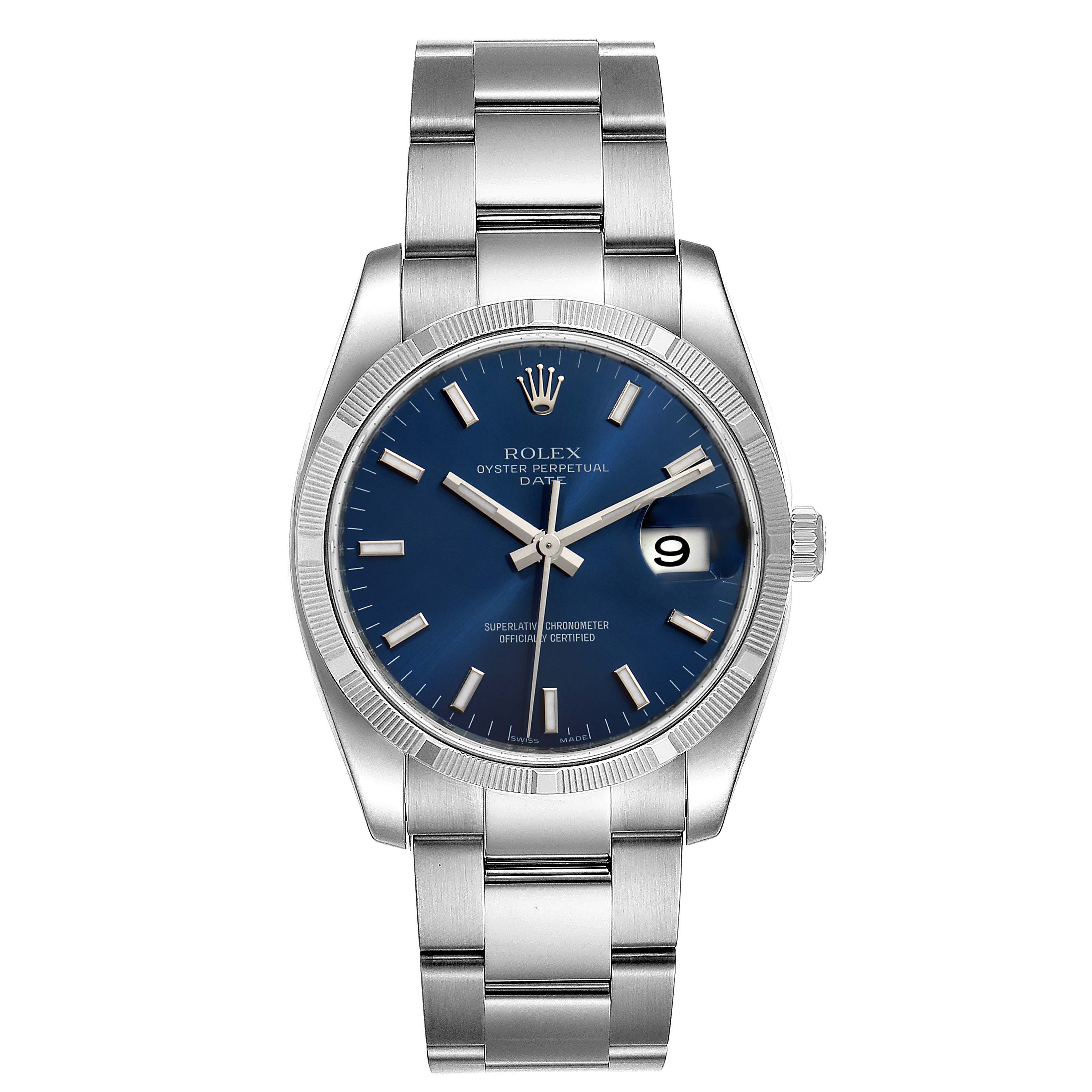 The image shows a Rolex Date 115210 Men's Stainless Steel Blue Dial 115210 Men's Stainless Steel Blue Dial watch, displaying the blue dial, case, fluted bezel, and Oyster bracelet from a front angle.