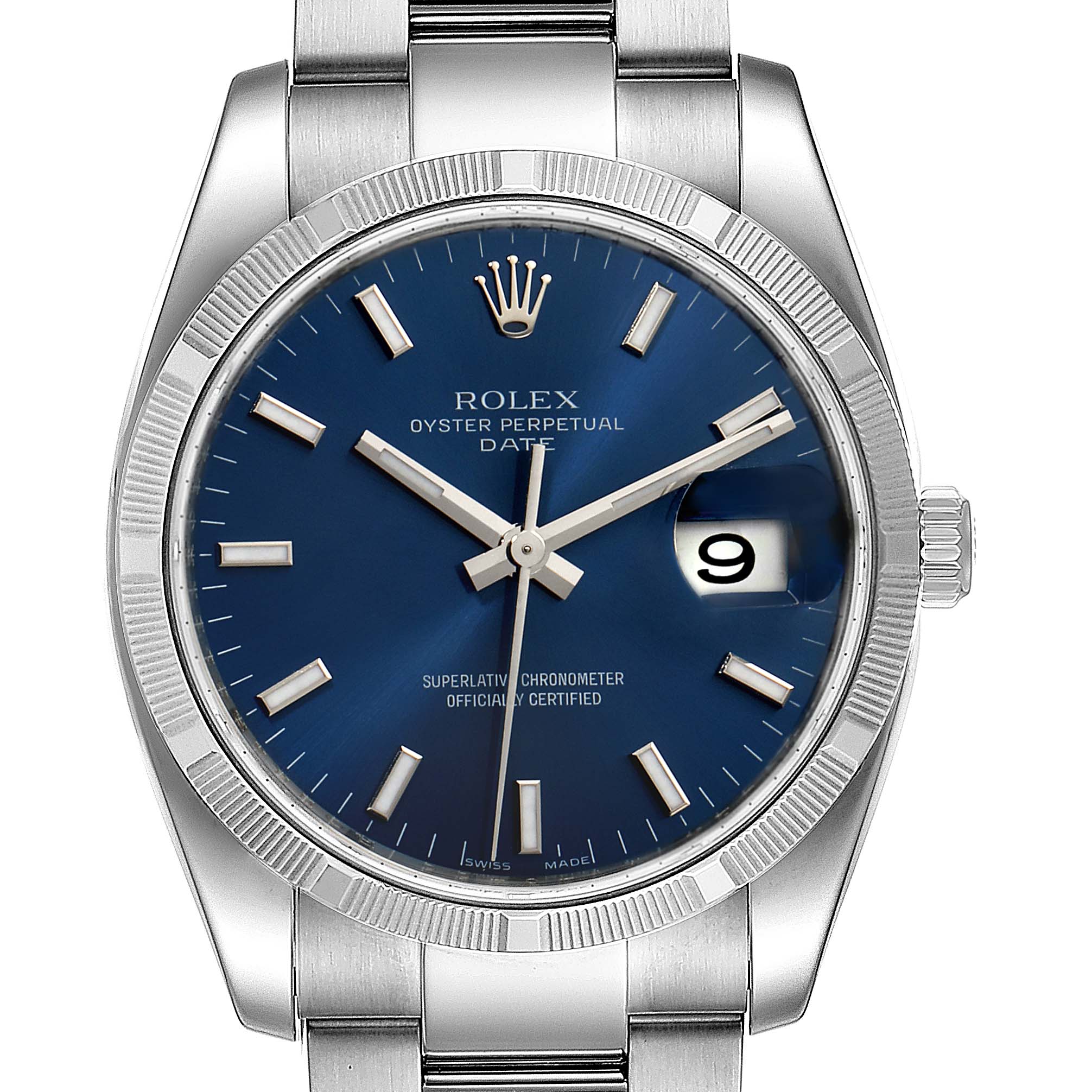 This image shows a frontal view of a Rolex Date 115210 Men's Stainless Steel Blue Dial 115210 Men's Stainless Steel Blue Dial model watch, highlighting its blue dial, fluted bezel, and stainless steel bracelet.