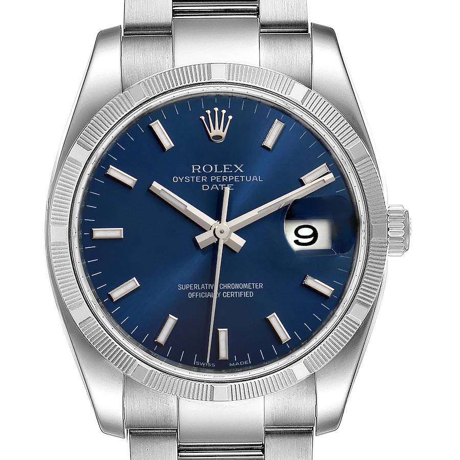 Rolex Date Steel Blue Dial Oyster Bracelet Automatic Mens Watch 115210 Box Papers SwissWatchExpo
