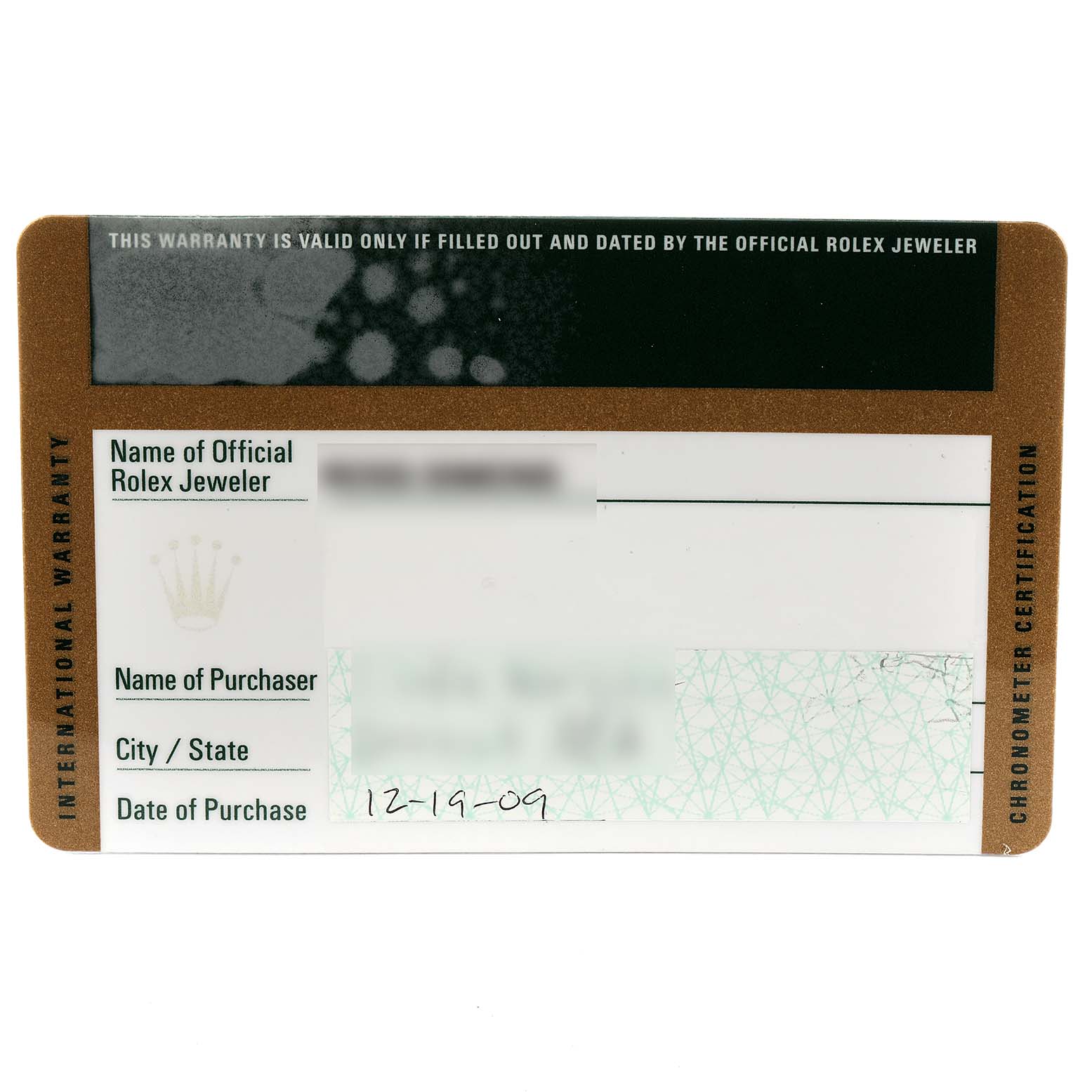 This image shows an International Warranty card from Rolex with purchaser details for a Date model watch.