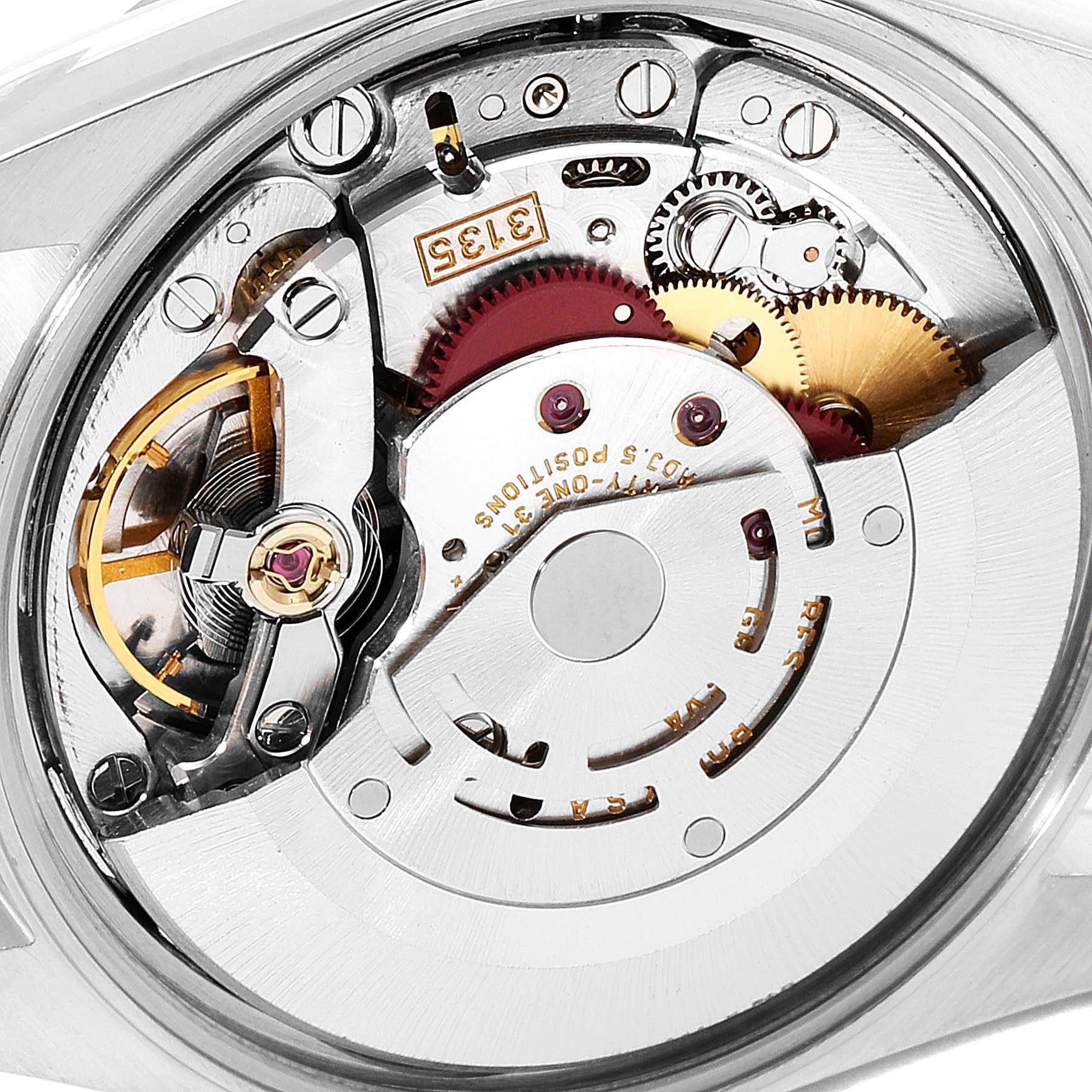This image shows the internal mechanism and components of a Rolex Date 15210 Men's Stainless Steel White Dial 15210 Men's Stainless Steel White Dial model from an angle focusing on its movement.
