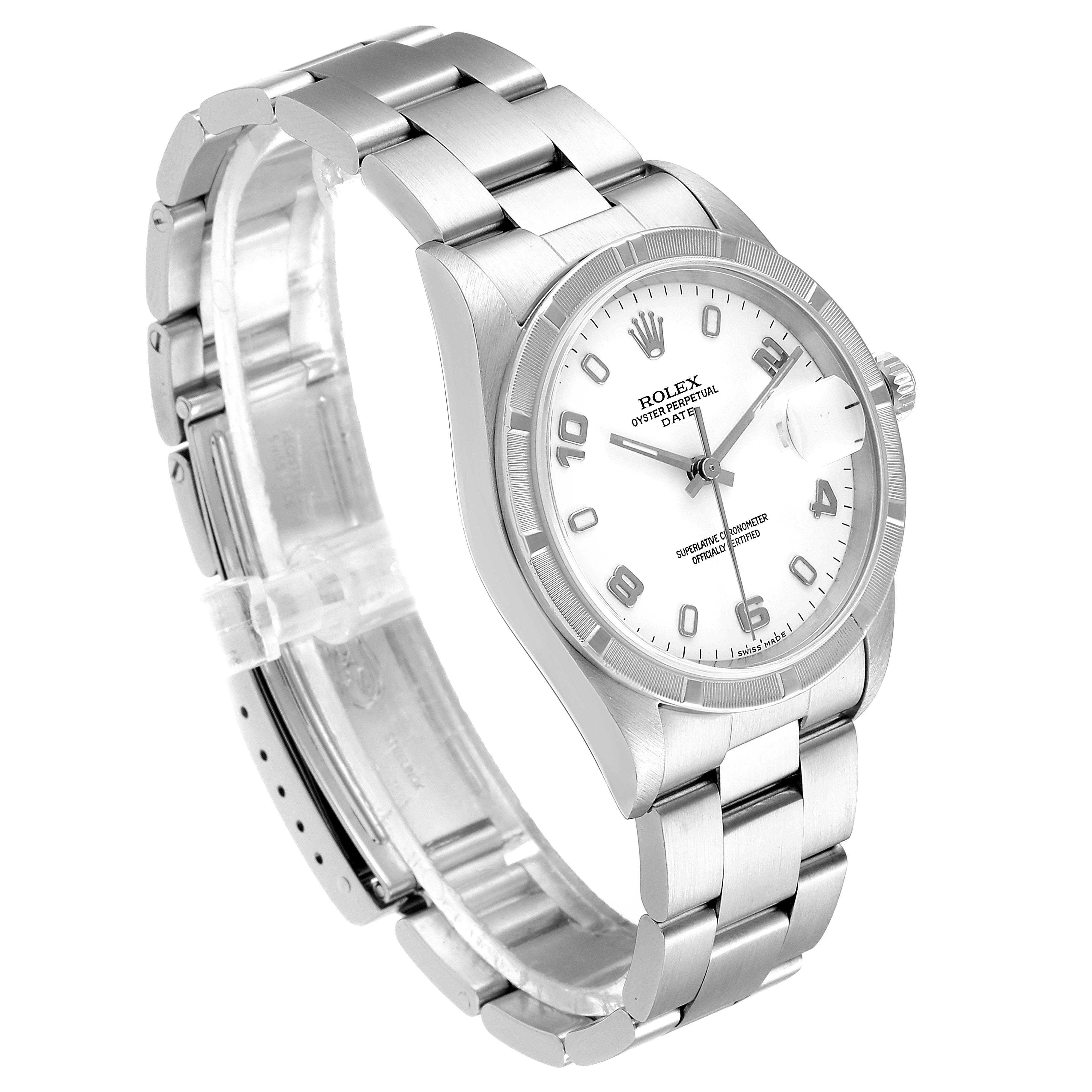 The Rolex Date 15210 Men's Stainless Steel White Dial 15210 Men's Stainless Steel White Dial model watch is shown at a three-quarter angle with a visible bracelet, face, and clasp.