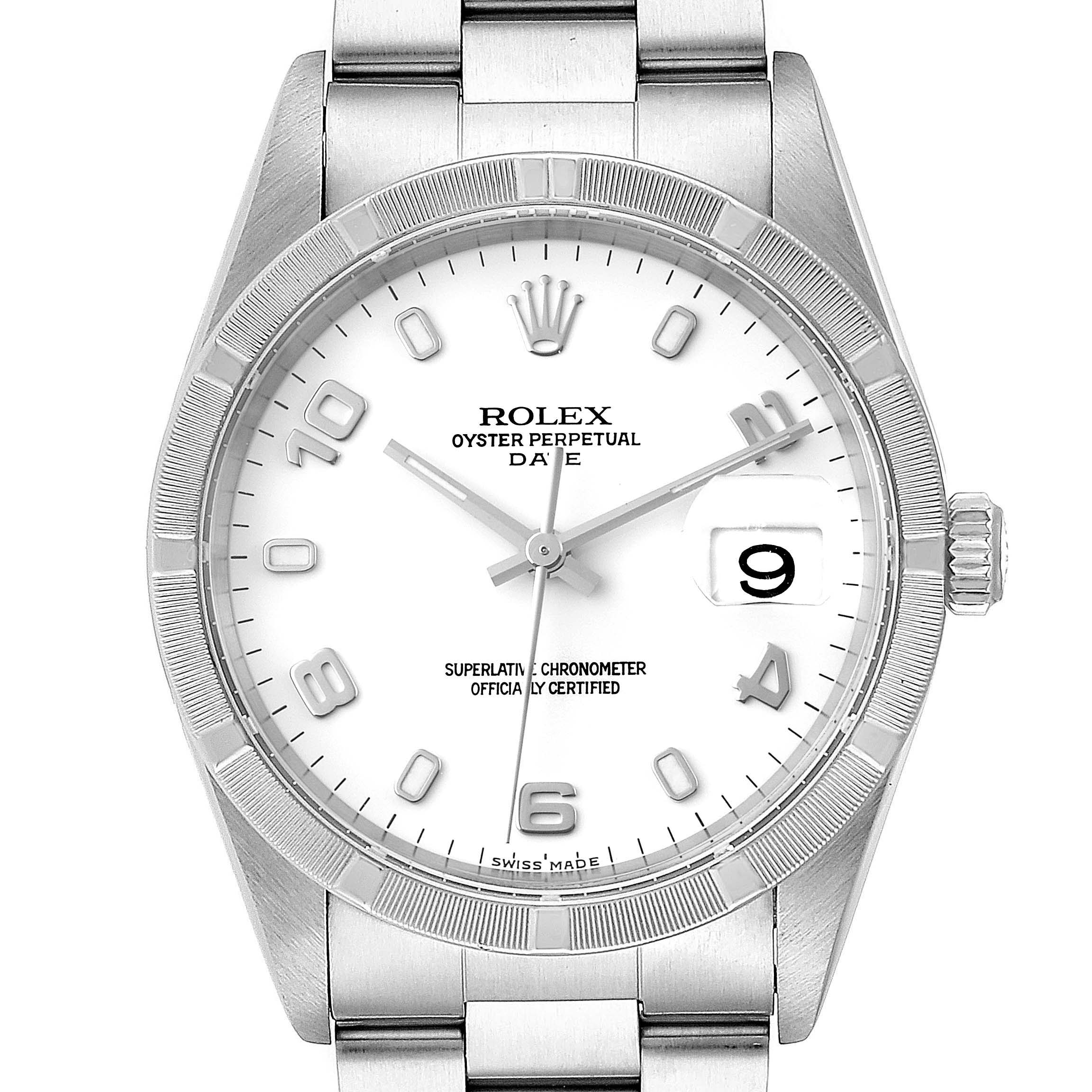 This Rolex Date 15210 Men's Stainless Steel White Dial 15210 Men's Stainless Steel White Dial model watch is shown from a top-front angle, highlighting the dial, bezel, crown, and part of the bracelet.