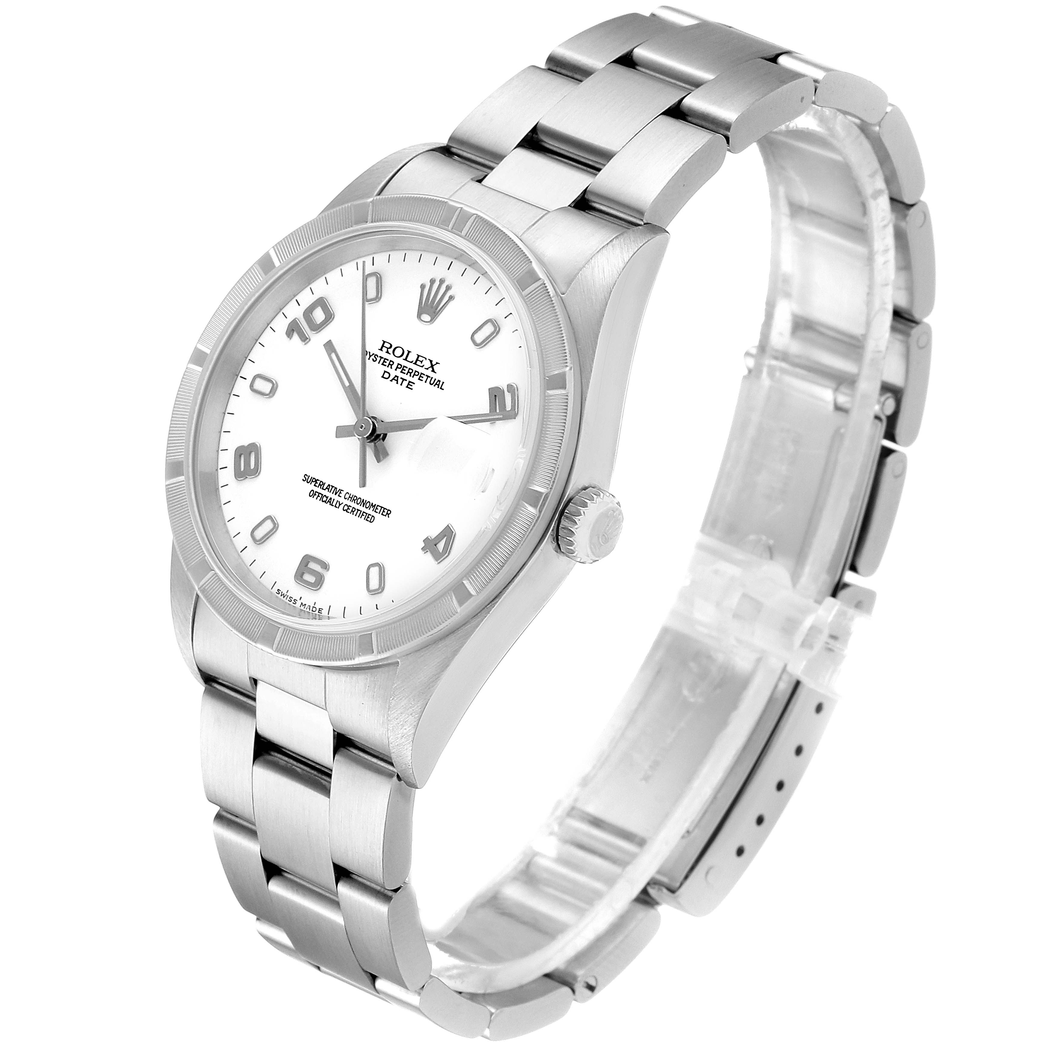 The Rolex Date 15210 Men's Stainless Steel White Dial 15210 Men's Stainless Steel White Dial watch is shown at an angled side view, displaying its dial, case, crown, and bracelet.
