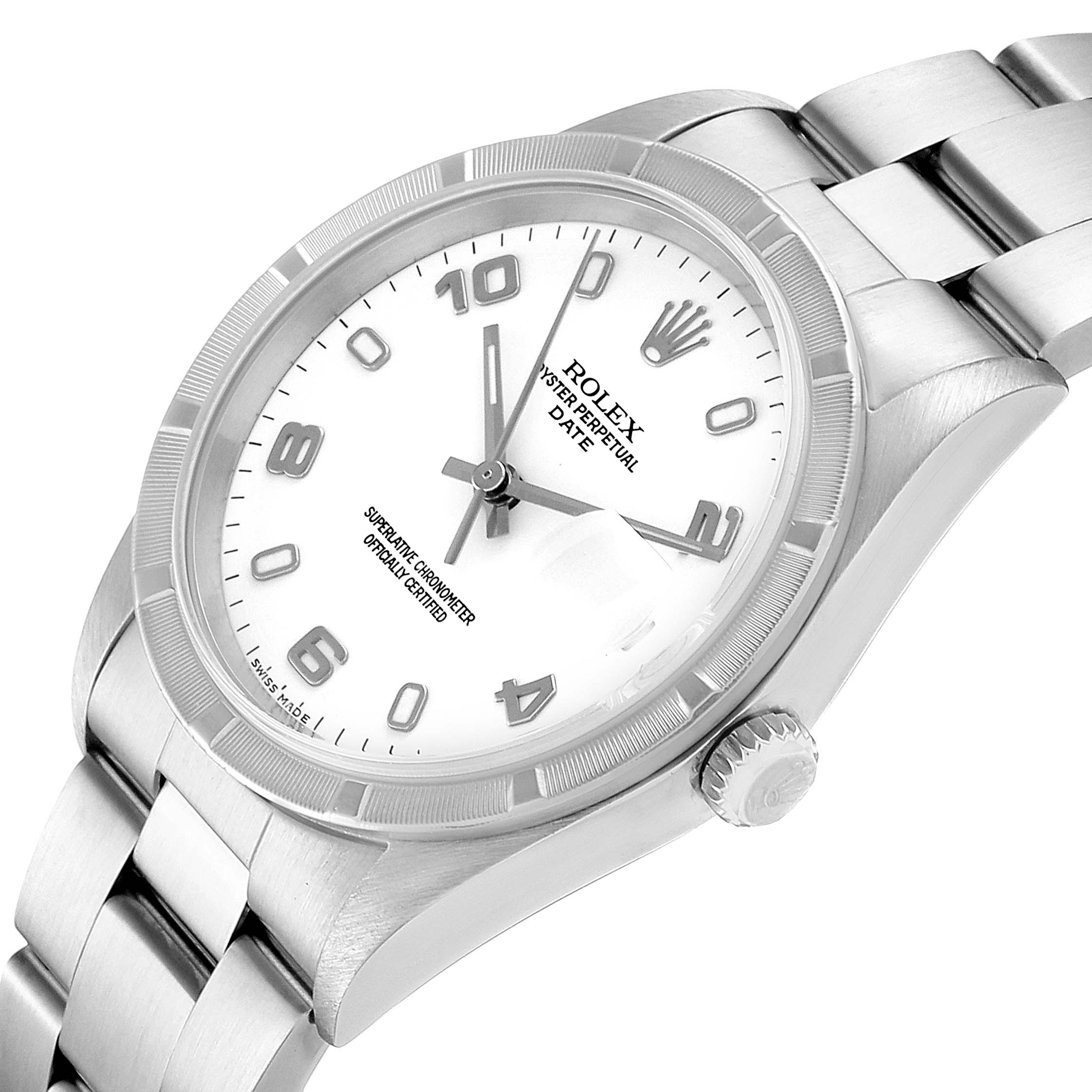 The image shows a Rolex Date 15210 Men's Stainless Steel White Dial 15210 Men's Stainless Steel White Dial watch, angled slightly from above, highlighting its white dial, numerals, and stainless steel bracelet.