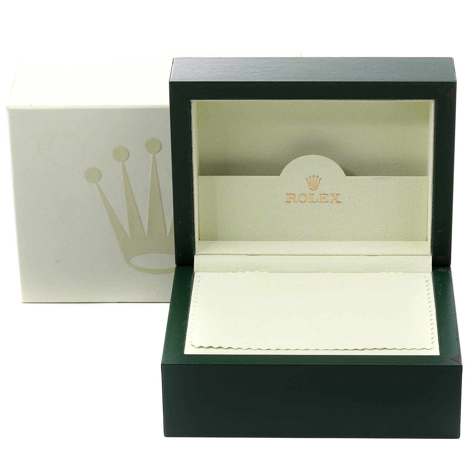 This image shows a Rolex Date 15210 Men's Stainless Steel White Dial 15210 Men's Stainless Steel White Dial watch box with its lid open, displaying the beige interior and Rolex branding.