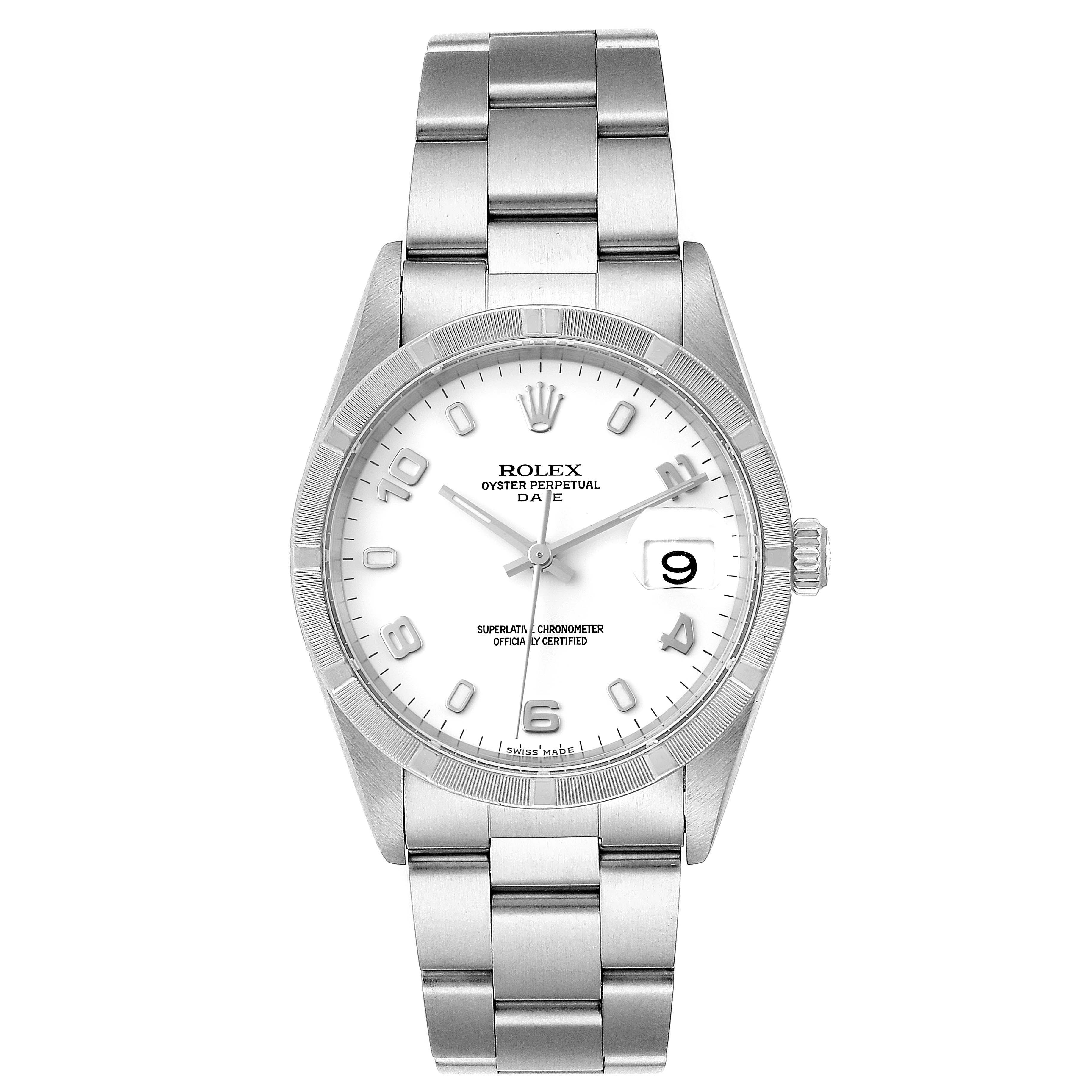 The image shows a Rolex Date 15210 Men's Stainless Steel White Dial 15210 Men's Stainless Steel White Dial model watch from a front angle, highlighting its face, bezel, case, bracelet, and date window.