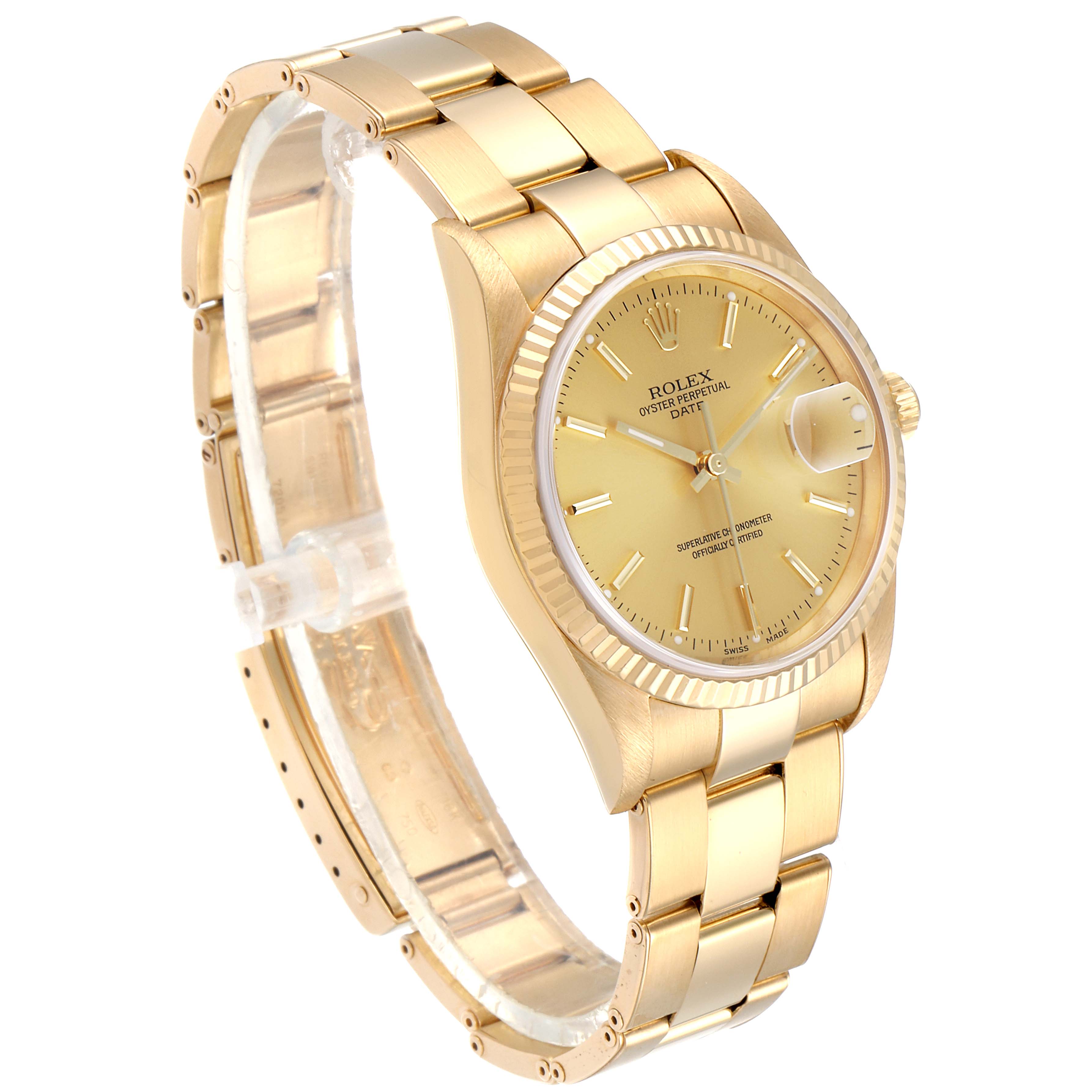 The Rolex President 15238 Men
s Yellow Gold Champagne Dial 15238 Men
s Yellow Gold Champagne Dial model watch is shown at a slight angle, displaying the face, bracelet, and clasp.