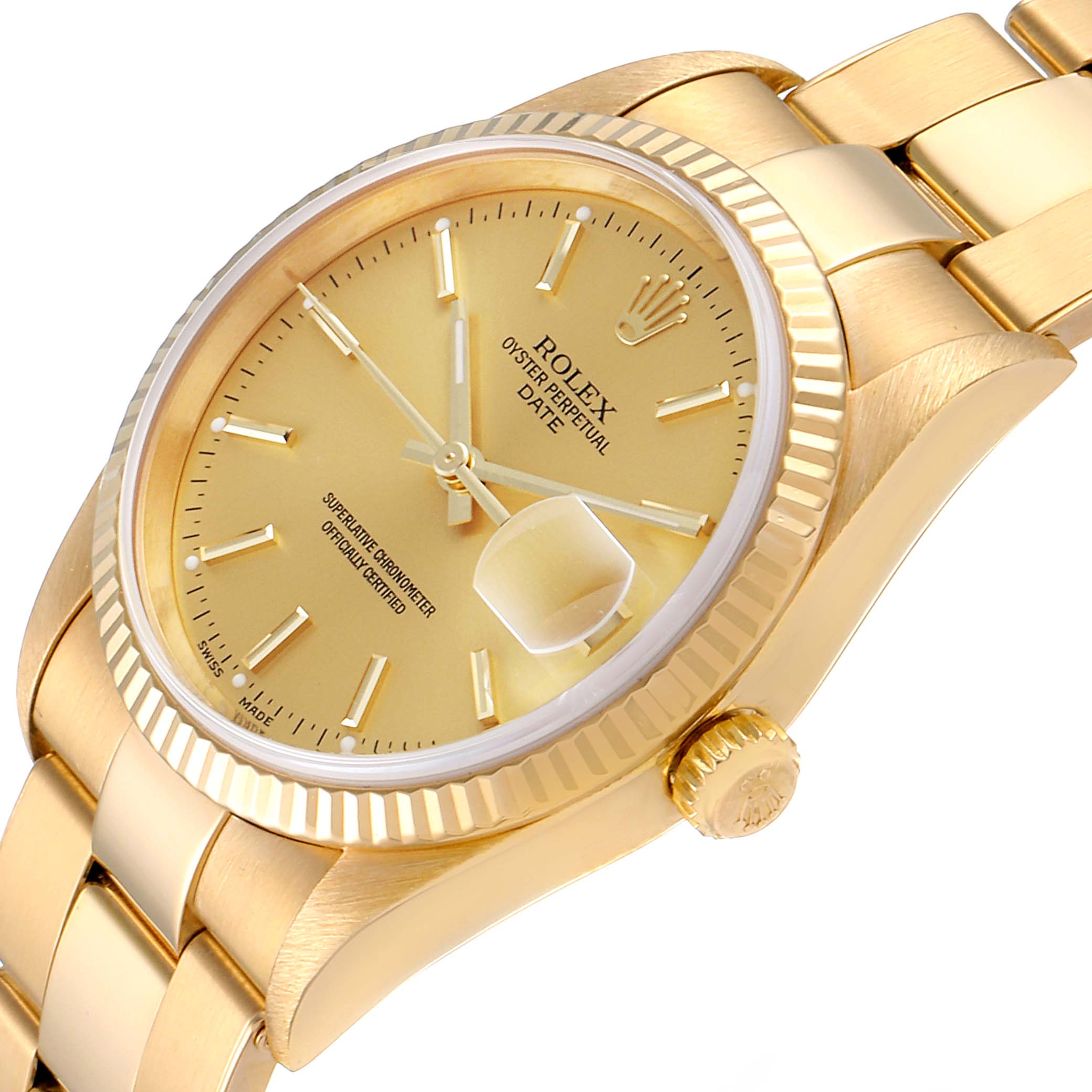 The Rolex President 15238 Men
s Yellow Gold Champagne Dial 15238 Men
s Yellow Gold Champagne Dial model watch is shown at an angle displaying the face, bezel, crown, and part of the bracelet.