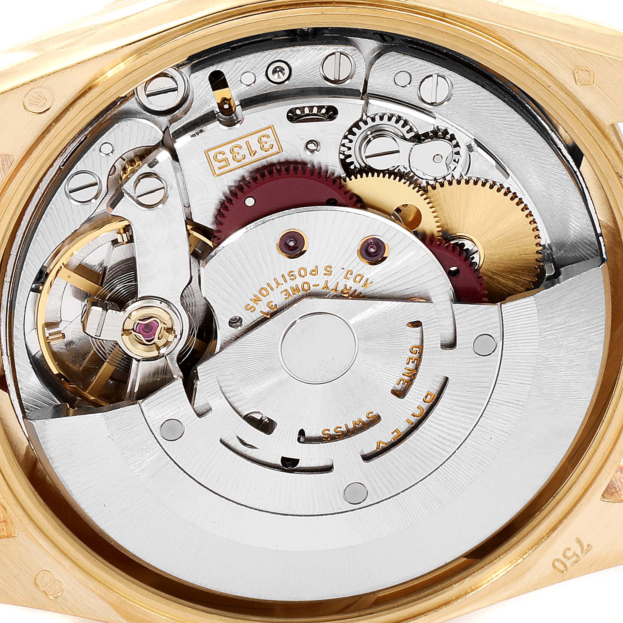 The image shows the internal mechanism of a Rolex President 15238 Men
s Yellow Gold Champagne Dial 15238 Men
s Yellow Gold Champagne Dial model watch from an angled, close-up view.