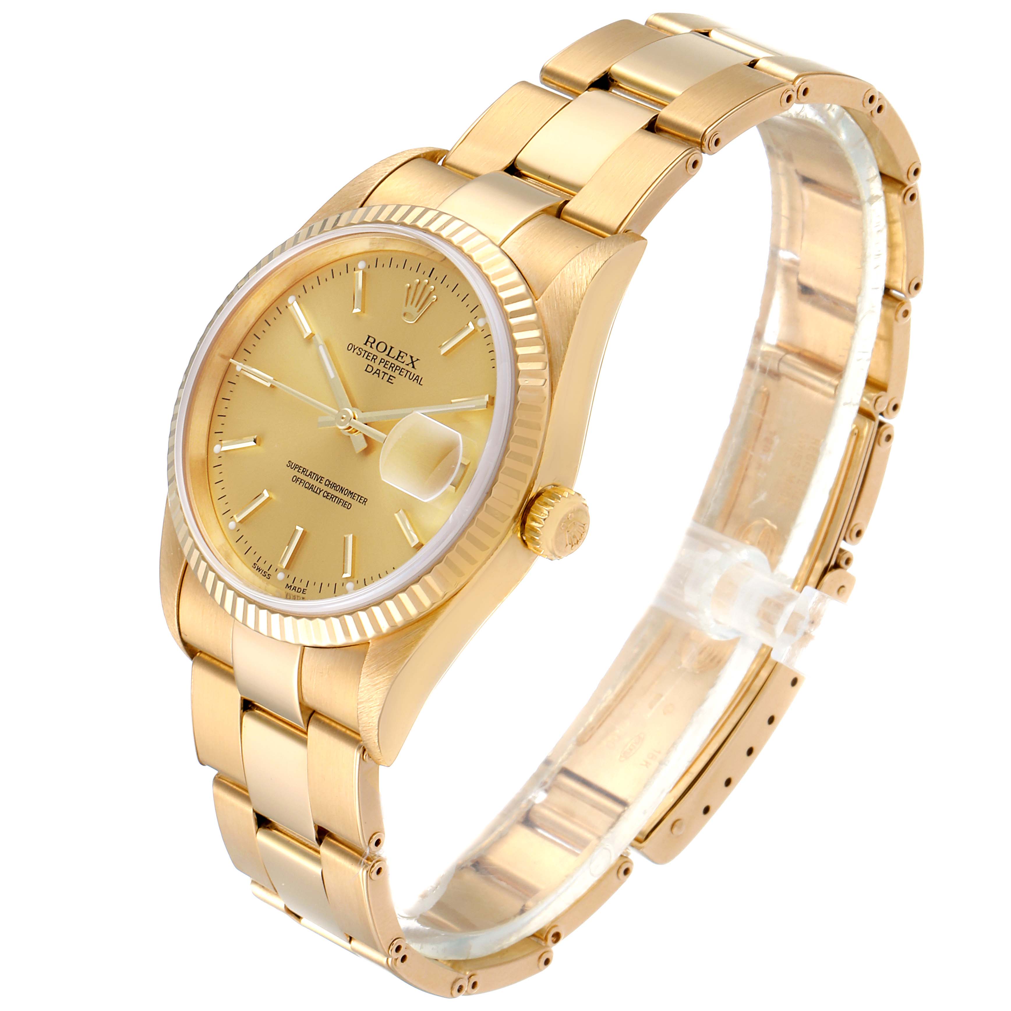 The image shows a side and front perspective of the Rolex President 15238 Men
s Yellow Gold Champagne Dial 15238 Men
s Yellow Gold Champagne Dial model watch, highlighting its gold case, bracelet, and dial.