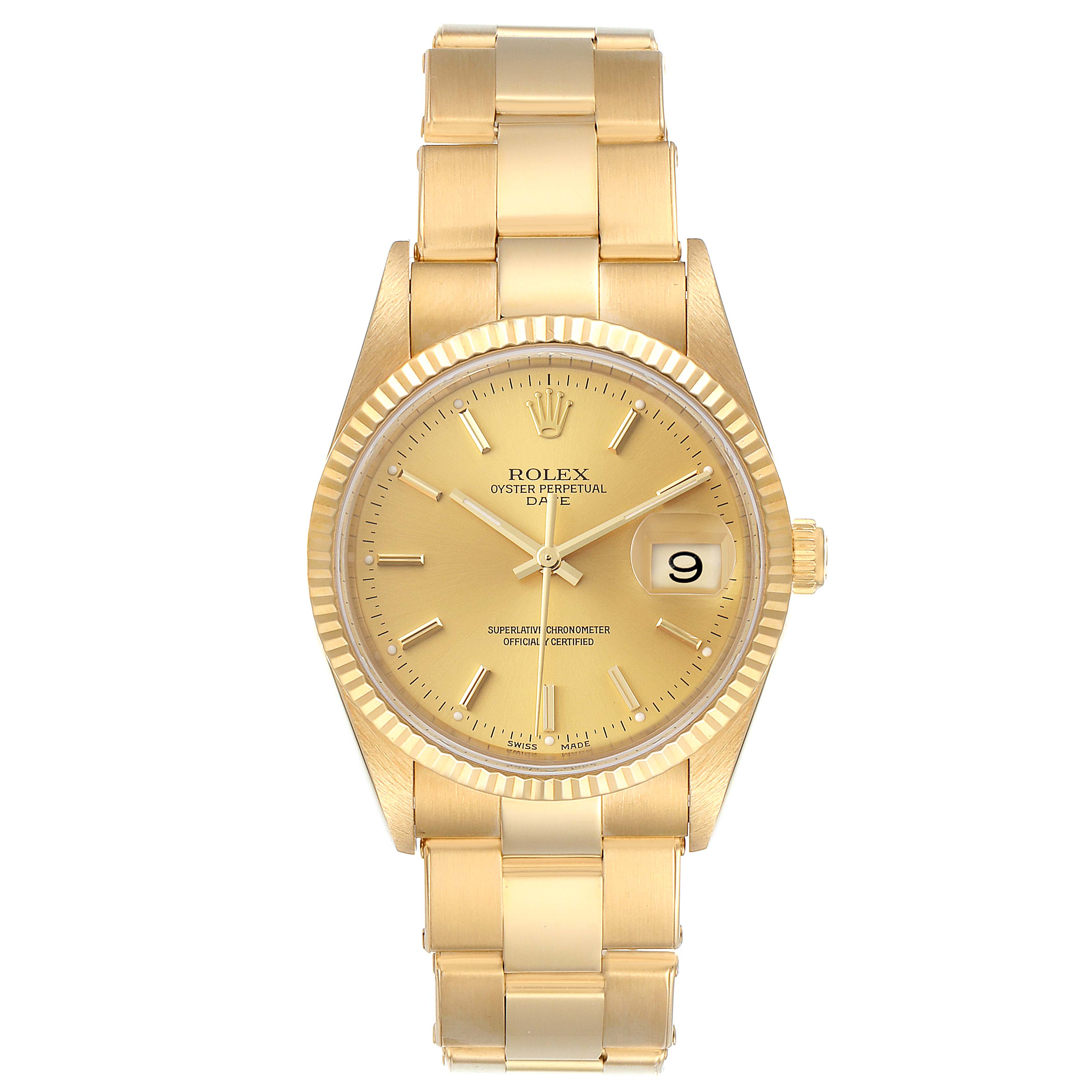 The image shows a front view of a Rolex President 15238 Men
s Yellow Gold Champagne Dial 15238 Men
s Yellow Gold Champagne Dial model watch, including its dial, case, bezel, and bracelet.