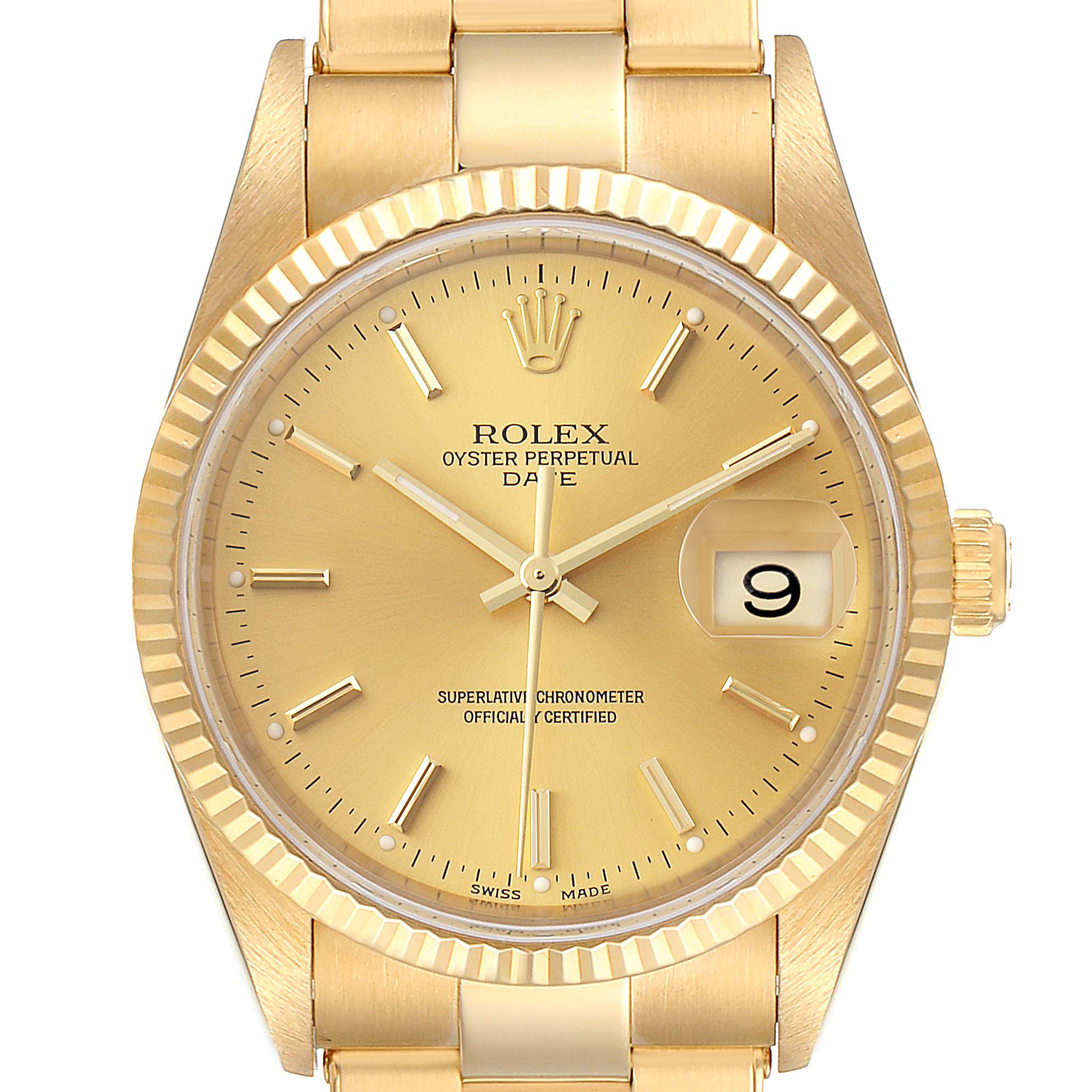 The image shows a front view of a Rolex President 15238 Men
s Yellow Gold Champagne Dial 15238 Men
s Yellow Gold Champagne Dial model watch, displaying the dial, hands, date window, bezel, and part of the bracelet.