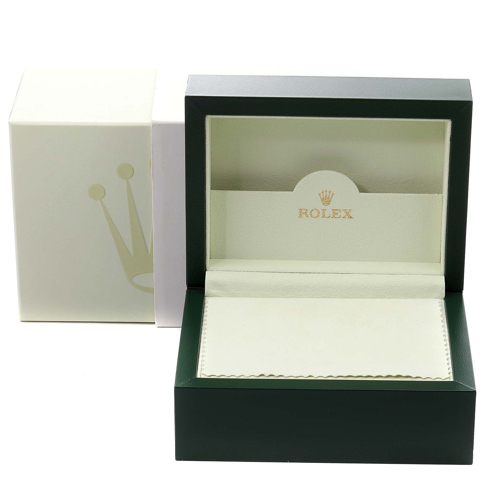 This image shows an open Rolex President 15238 Men
s Yellow Gold Champagne Dial 15238 Men
s Yellow Gold Champagne Dial model watch box and its outer packaging.