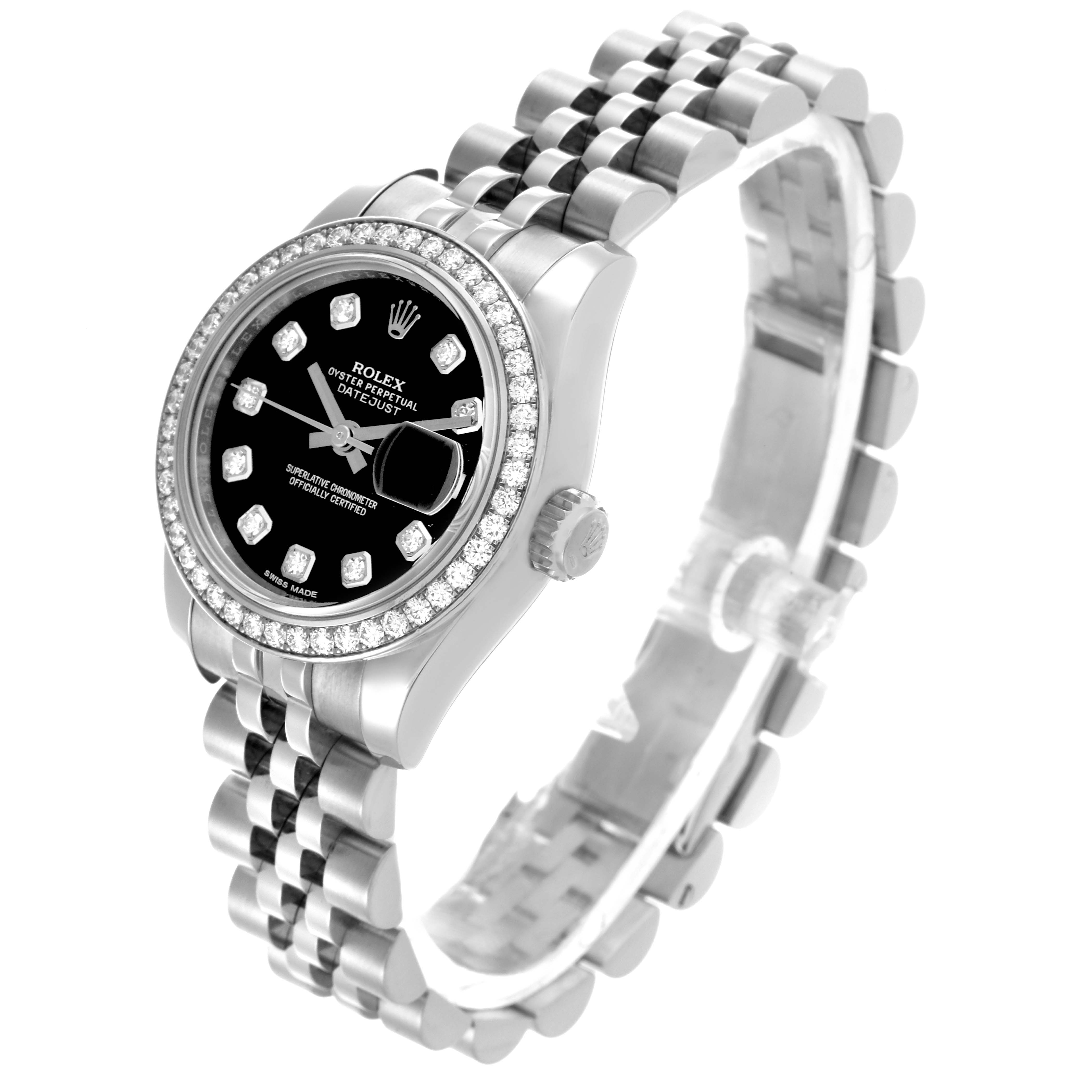 The Rolex Datejust 179384 Women's Stainless Steel Black Dial 179384 Women's Stainless Steel Black Dial watch is shown at an angled side view, displaying the dial, bezel, case, crown, and part of the bracelet.