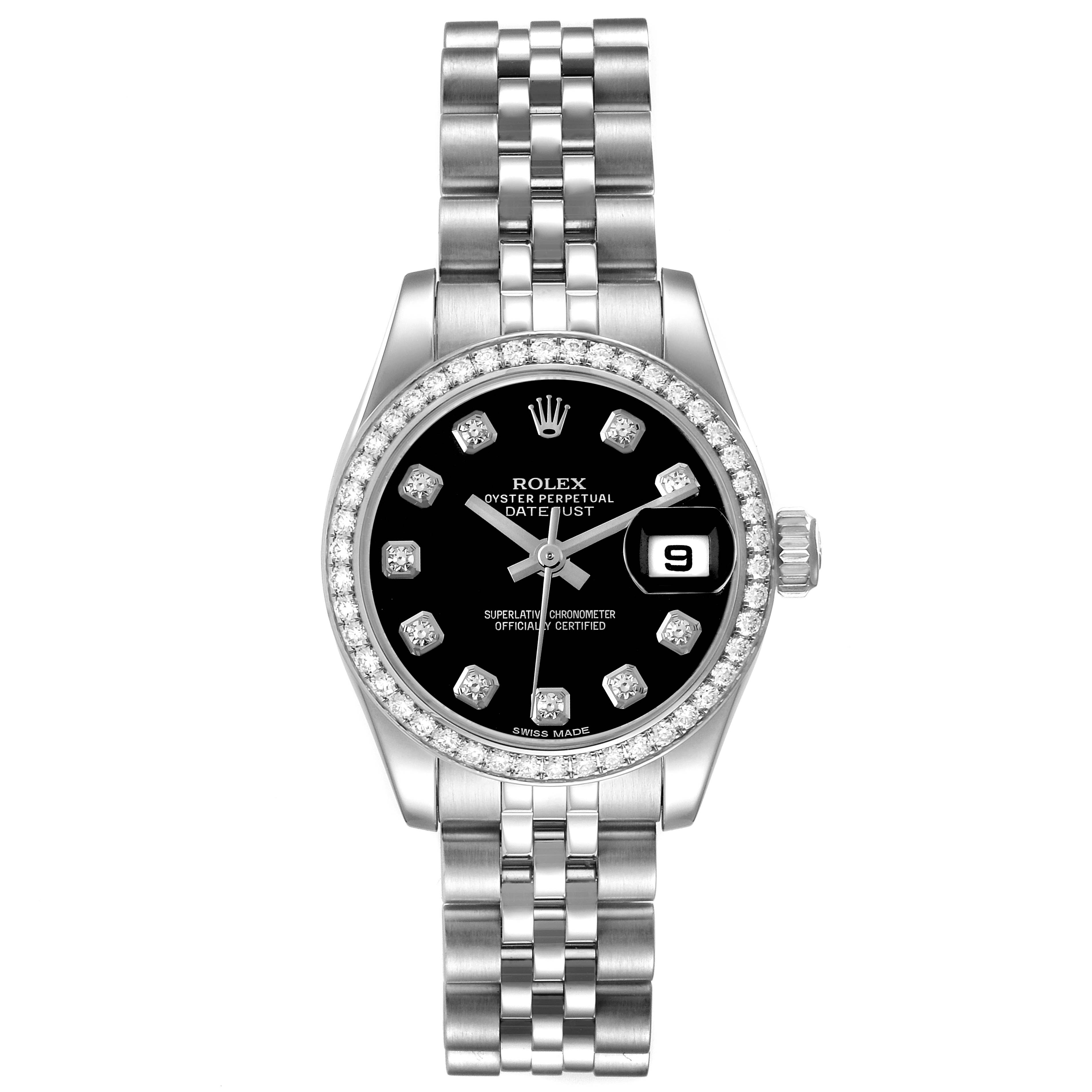The Rolex Datejust 179384 Women's Stainless Steel Black Dial 179384 Women's Stainless Steel Black Dial watch is shown from the front, displaying the dial, bezel, and full bracelet.