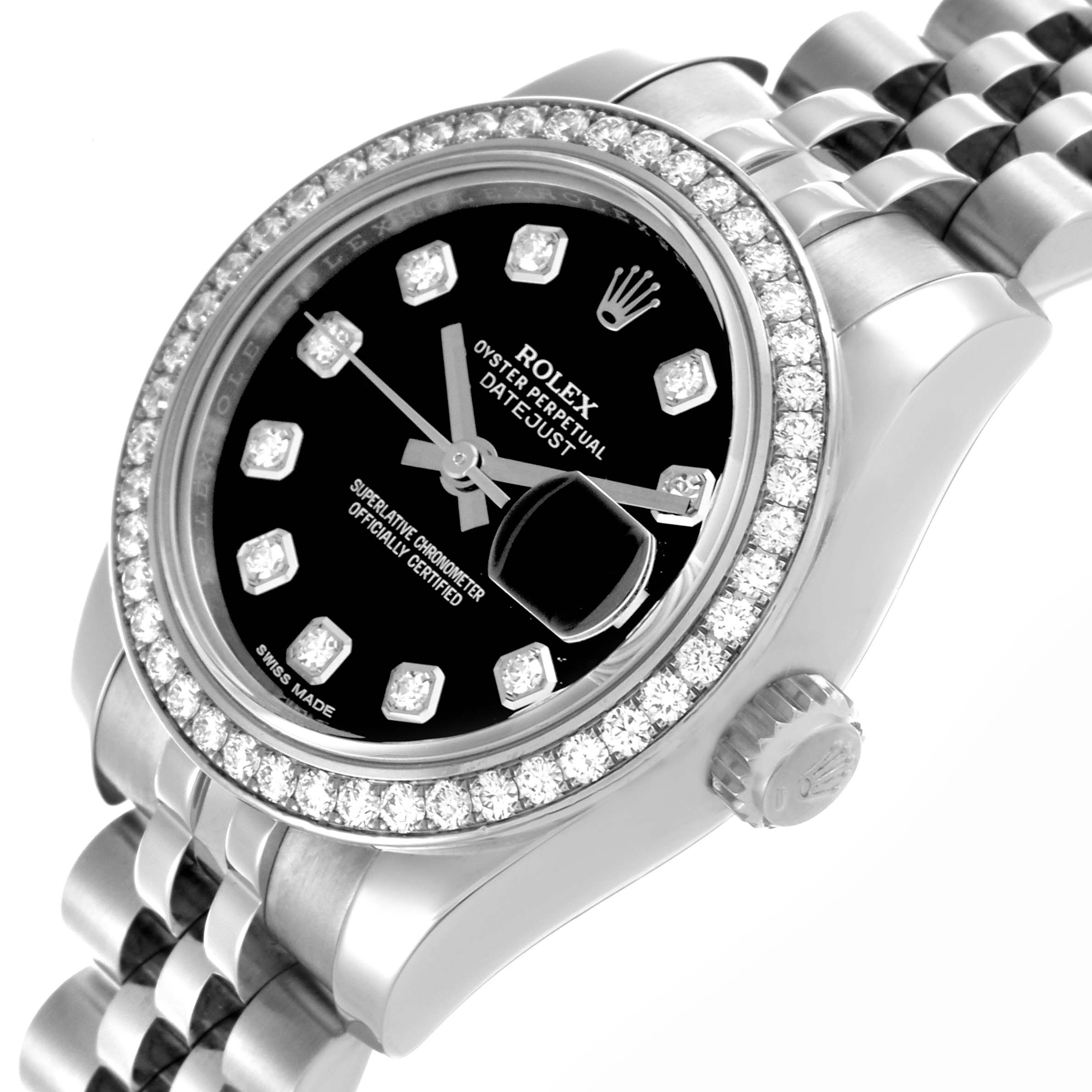 The image shows a Rolex Datejust 179384 Women's Stainless Steel Black Dial 179384 Women's Stainless Steel Black Dial watch from a tilted angle, highlighting the dial, bezel, crown, and part of the bracelet.
