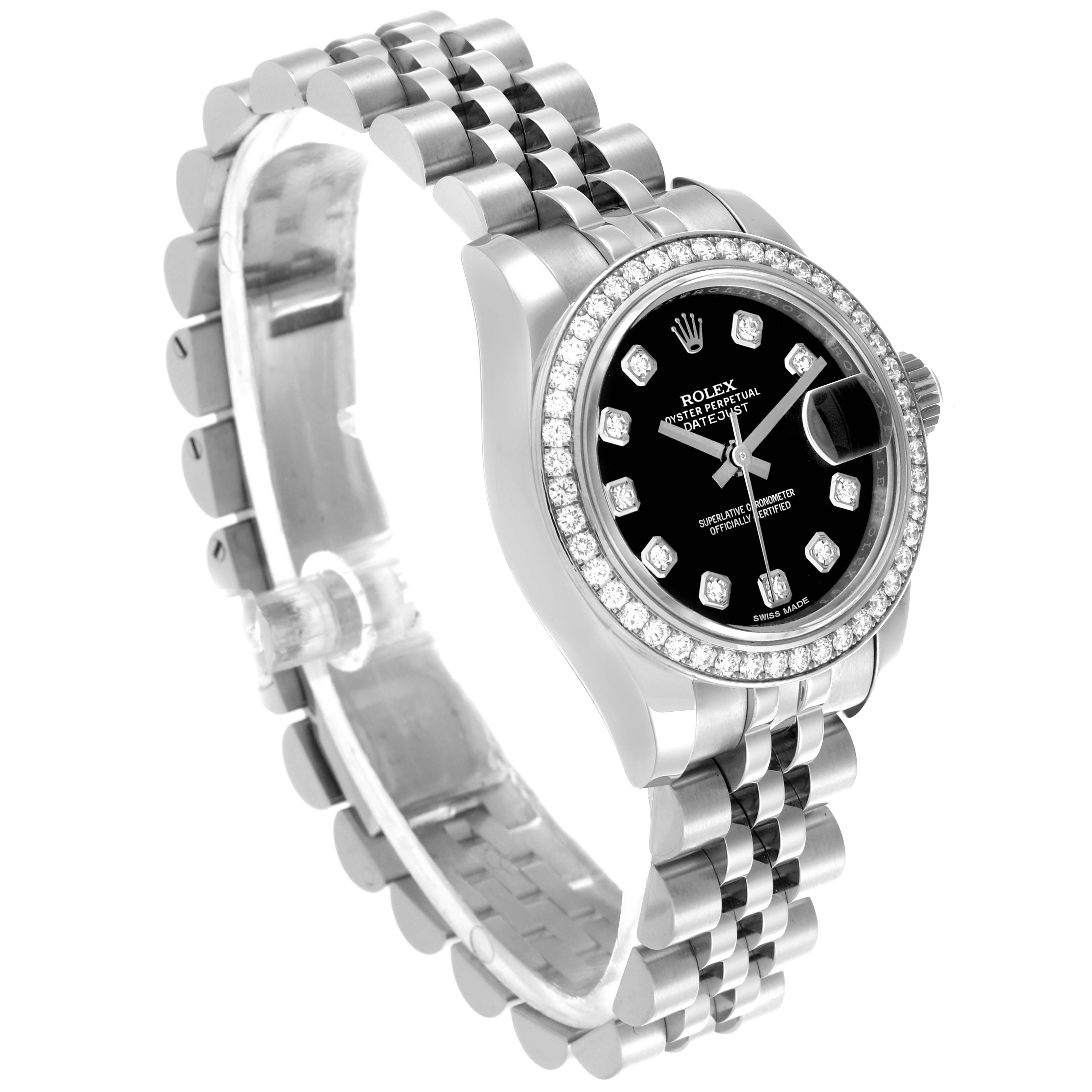 The Rolex Datejust 179384 Women's Stainless Steel Black Dial 179384 Women's Stainless Steel Black Dial watch is shown at an angled view, displaying the face, bezel, and wristband.