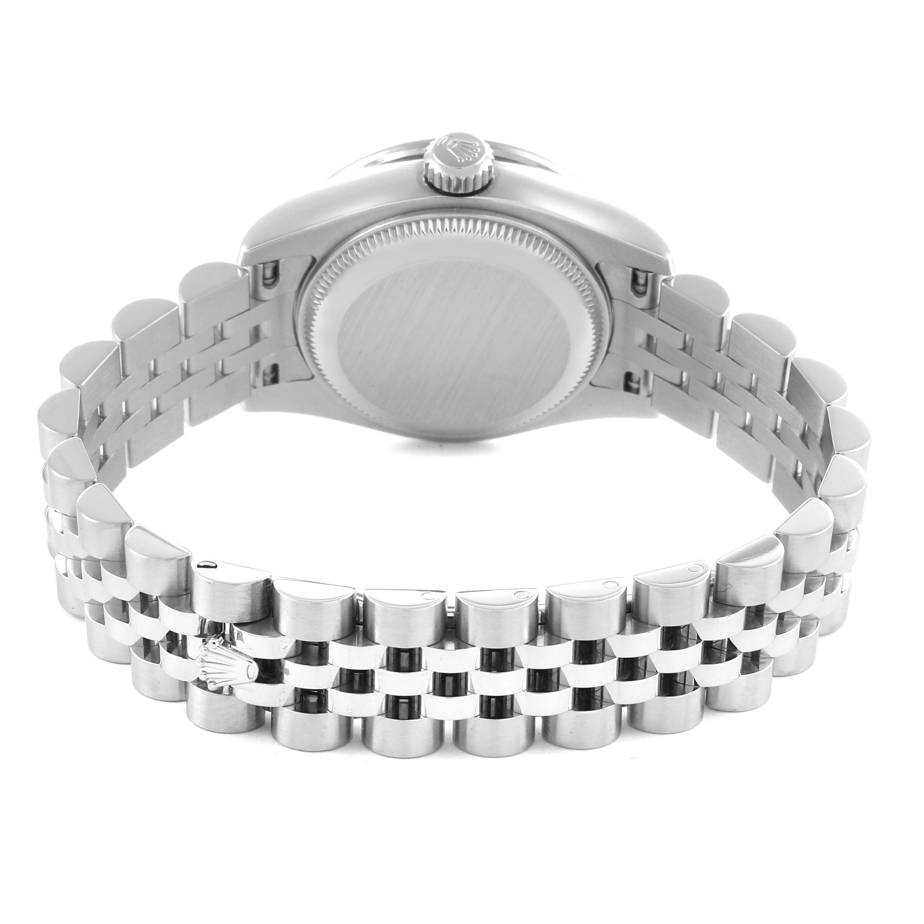 The image shows the back view of a Rolex Datejust 179384 Women's Stainless Steel Black Dial 179384 Women's Stainless Steel Black Dial watch, highlighting the case back and Jubilee bracelet.