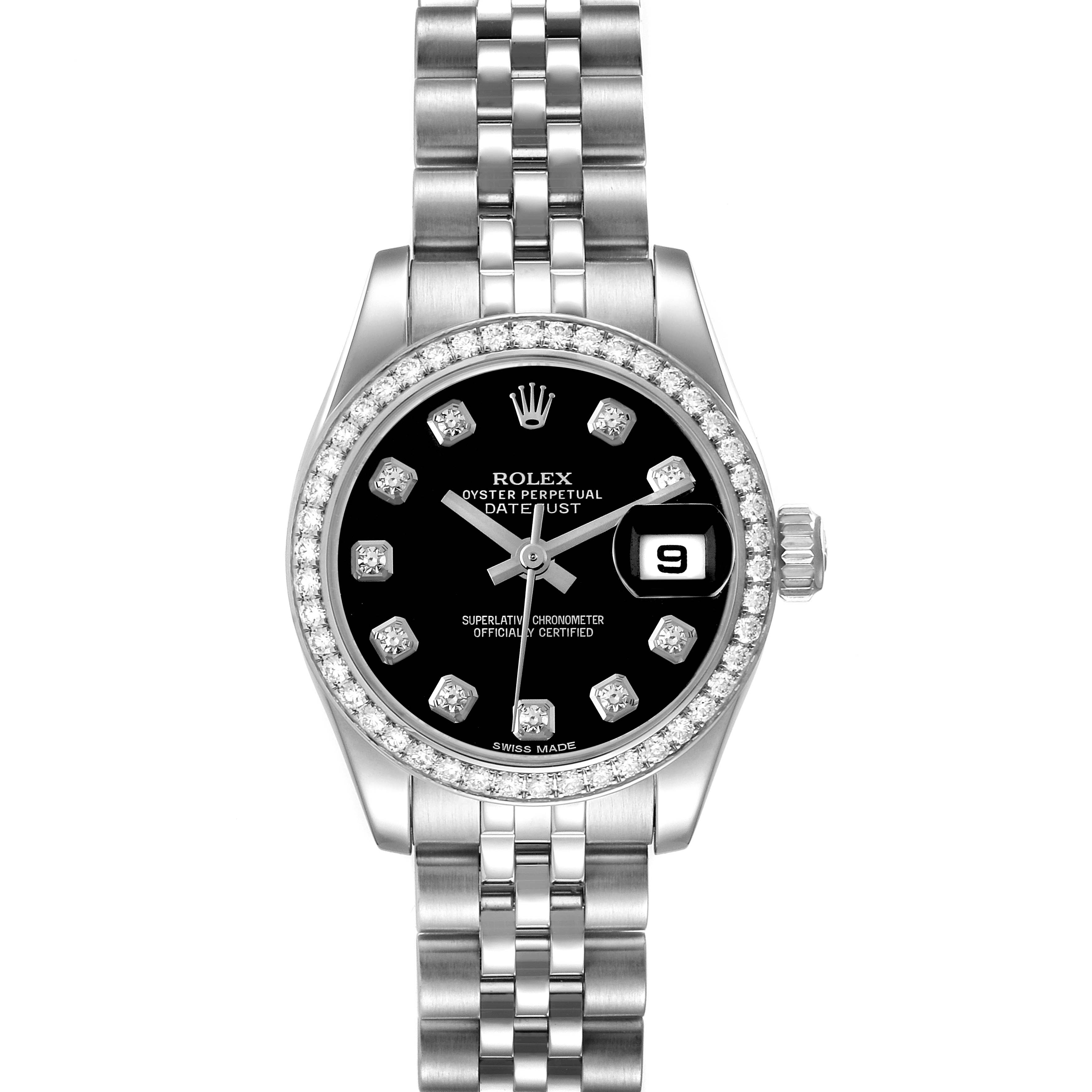 The Rolex Datejust 179384 Women's Stainless Steel Black Dial 179384 Women's Stainless Steel Black Dial is shown from a top view, featuring the face, bezel, bracelet, crown, and date display.