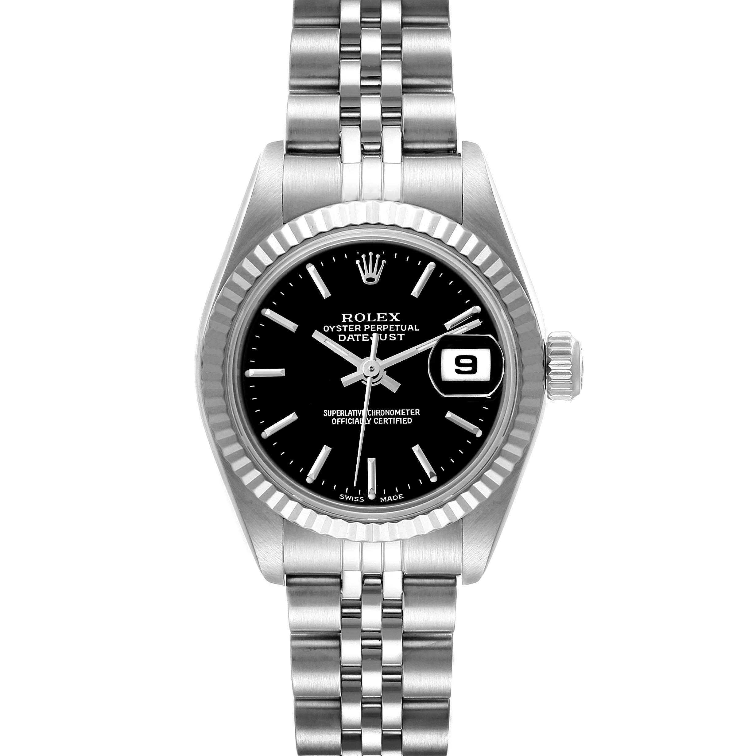This image shows a front view of the Rolex Datejust 79174 Women's Stainless Steel Black Dial 79174 Women's Stainless Steel Black Dial watch with its dial, bezel, bracelet, and date window visible.