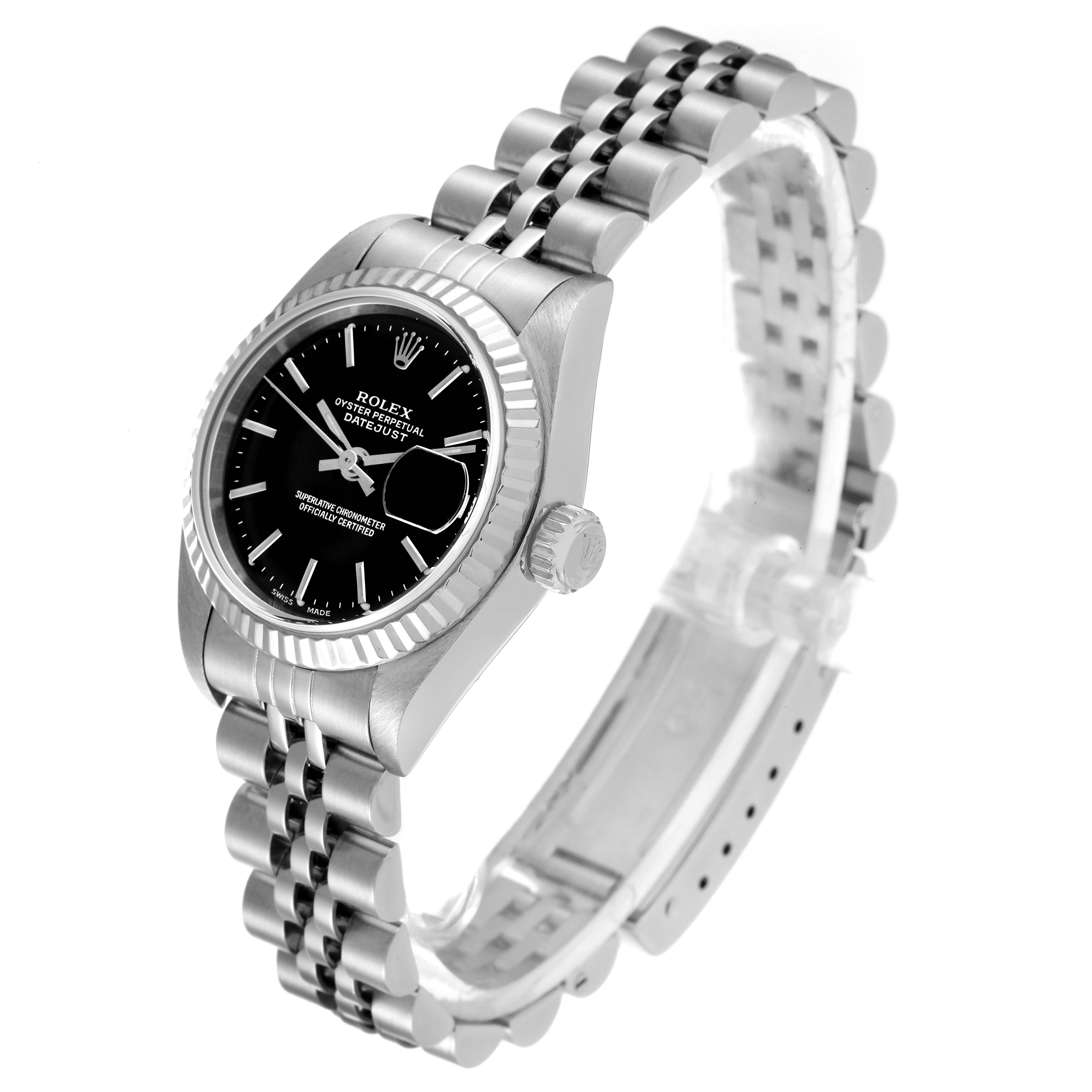 The image shows a side and front angle of a Rolex Datejust 79174 Women's Stainless Steel Black Dial 79174 Women's Stainless Steel Black Dial watch, highlighting the face, bezel, crown, and bracelet.