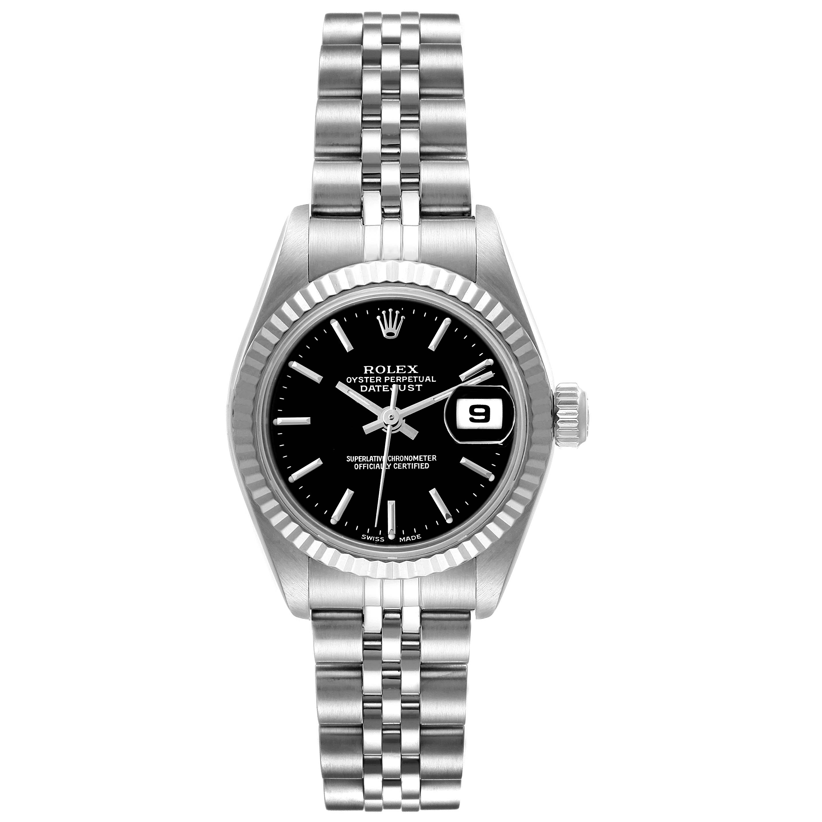This image shows a front view of a Rolex Datejust 79174 Women's Stainless Steel Black Dial 79174 Women's Stainless Steel Black Dial watch, highlighting its black dial, date window, and stainless steel bracelet.