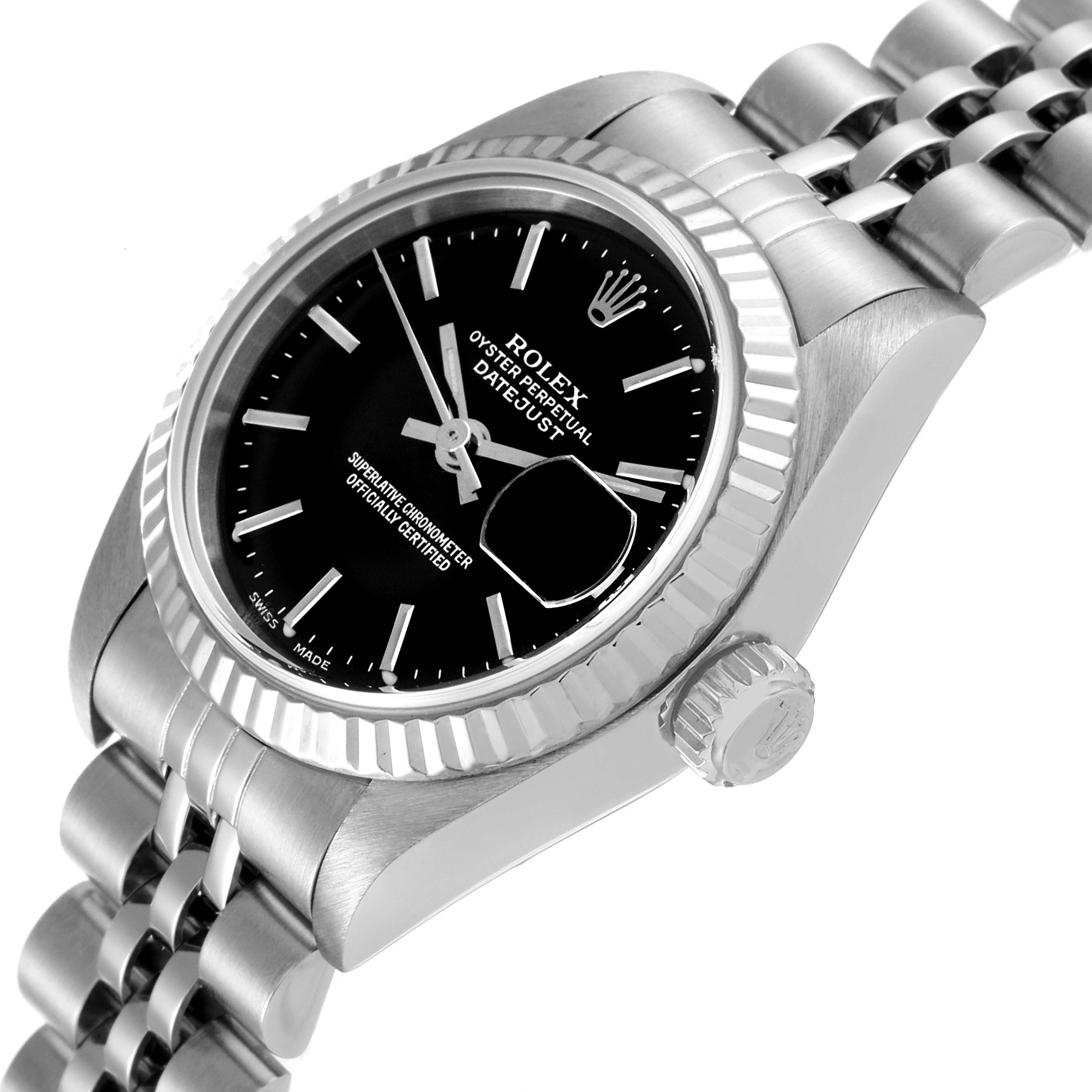 The image shows a side angle of the Rolex Datejust 79174 Women's Stainless Steel Black Dial 79174 Women's Stainless Steel Black Dial watch, highlighting the crown, dial, and part of the bracelet.