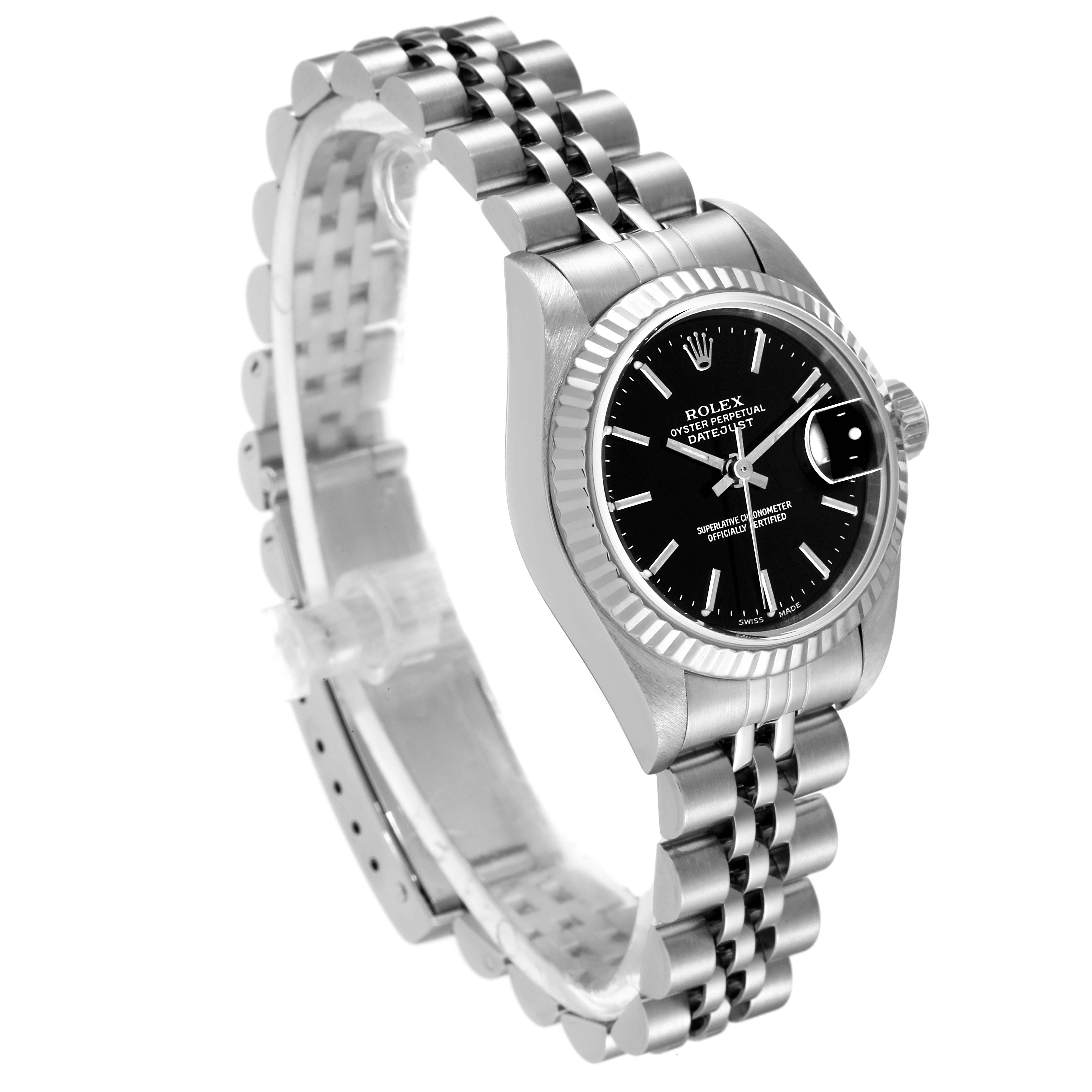The image shows a Rolex Datejust 79174 Women's Stainless Steel Black Dial 79174 Women's Stainless Steel Black Dial watch at an angled side view, highlighting its silver bracelet, black dial, and fluted bezel.