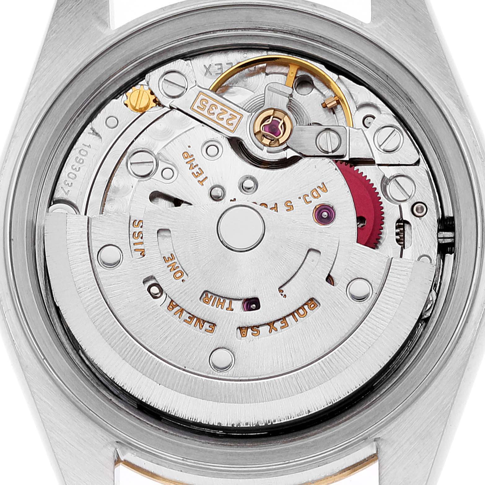 The image shows the Rolex Datejust 79173 Women's Steel and Gold (two tone) White Dial 79173 Women's Steel and Gold (two tone) White Dial watch's internal movement from the back, highlighting gears and intricate components.