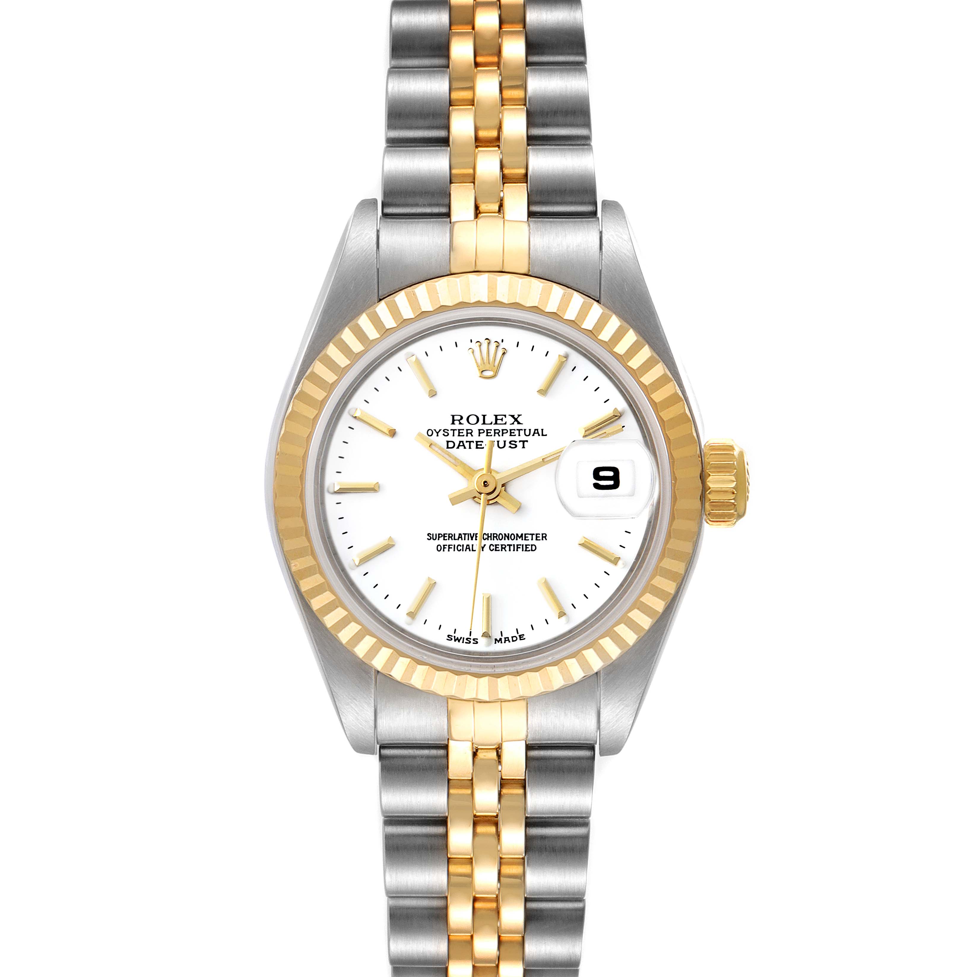 The image shows a frontal view of a Rolex Datejust 79173 Women's Steel and Gold (two tone) White Dial 79173 Women's Steel and Gold (two tone) White Dial watch, displaying the dial, date window, bezel, and two-tone bracelet.