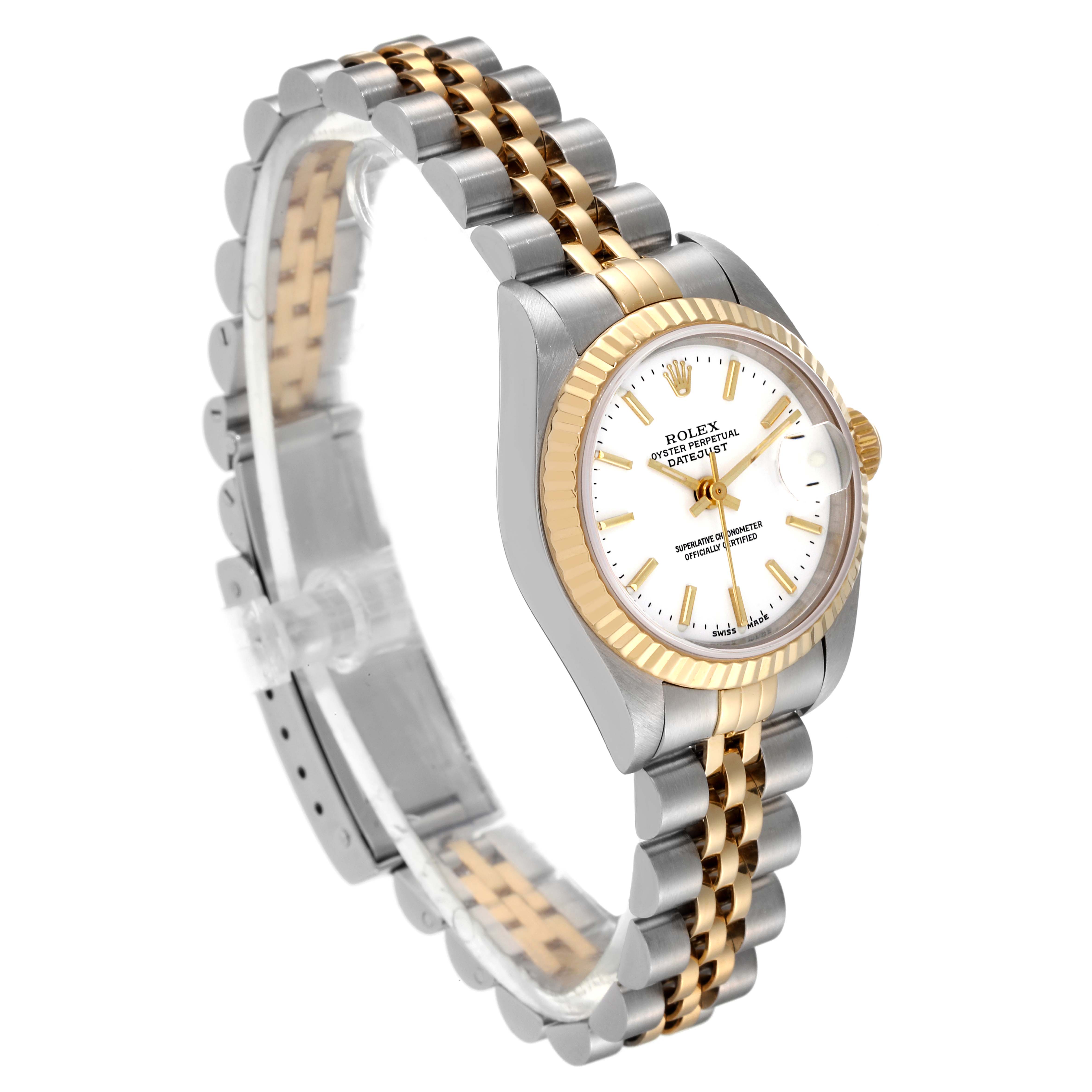 The image shows the Rolex Datejust 79173 Women's Steel and Gold (two tone) White Dial 79173 Women's Steel and Gold (two tone) White Dial watch at a three-quarter angle, highlighting the case, bezel, dial, and two-tone bracelet.