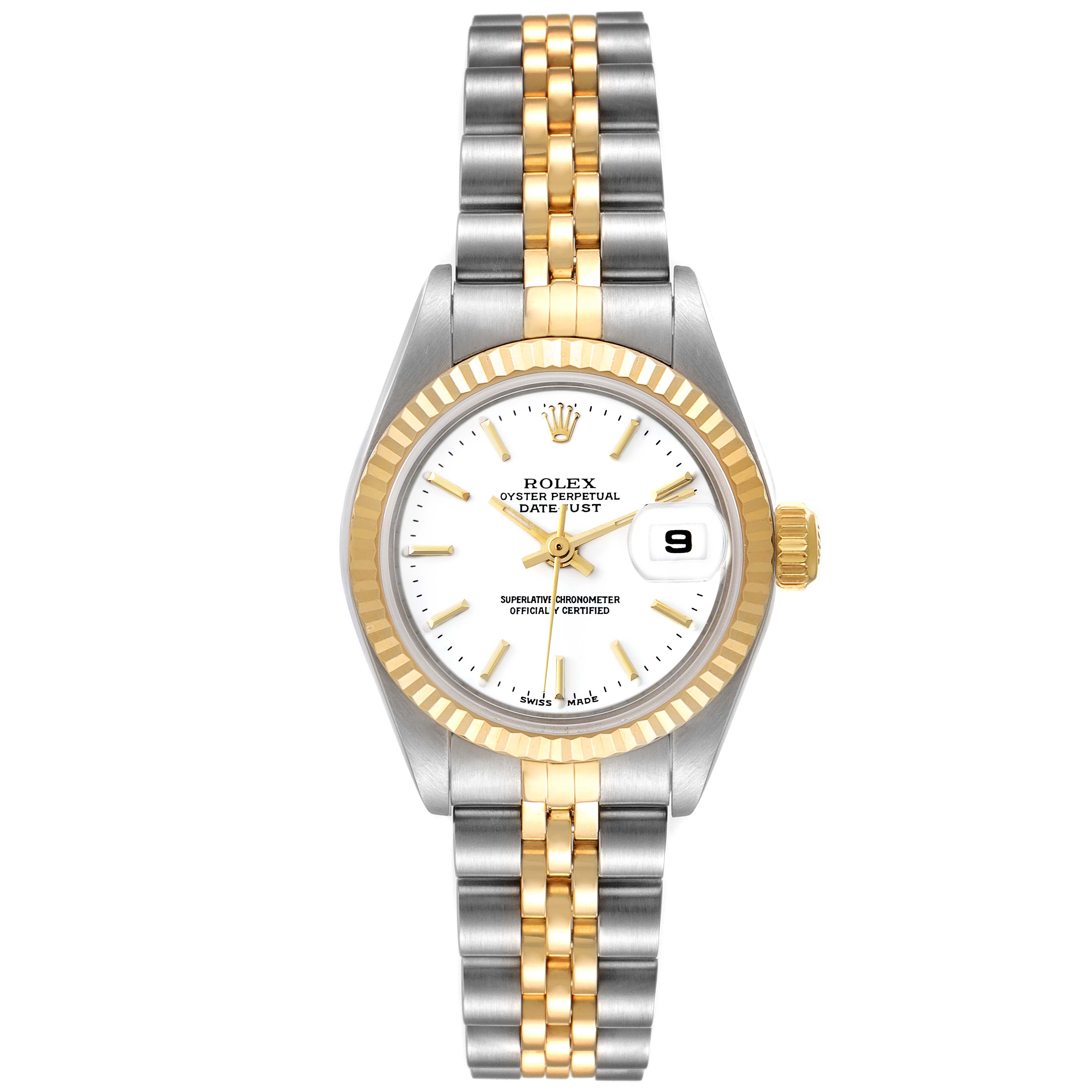 This is a front view of a Rolex Datejust 79173 Women's Steel and Gold (two tone) White Dial 79173 Women's Steel and Gold (two tone) White Dial watch, showing the dial, hands, crown, and two-tone Jubilee bracelet.