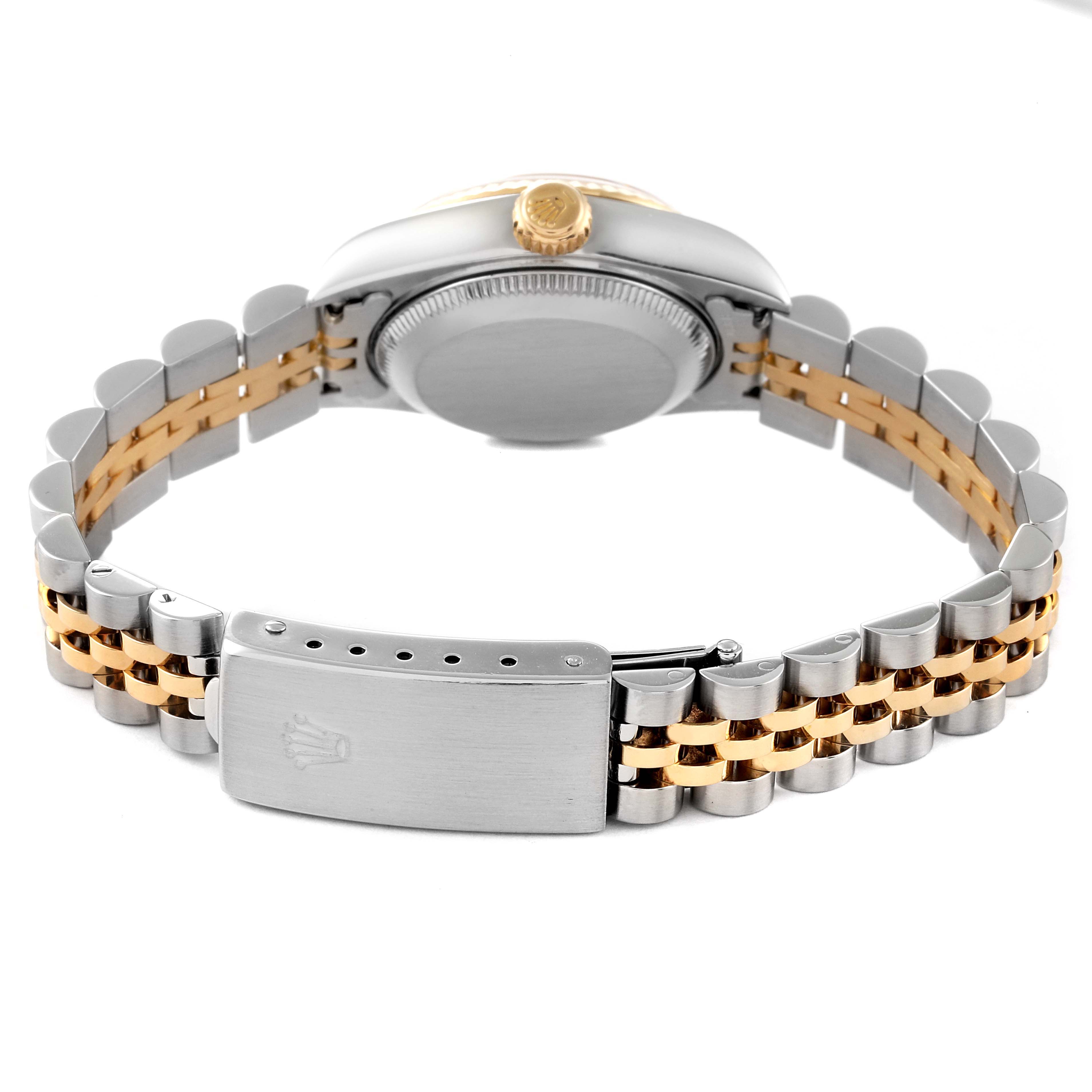 This image shows the clasp, case back, and crown of the Rolex Datejust 79173 Women's Steel and Gold (two tone) White Dial 79173 Women's Steel and Gold (two tone) White Dial from a rear view angle.