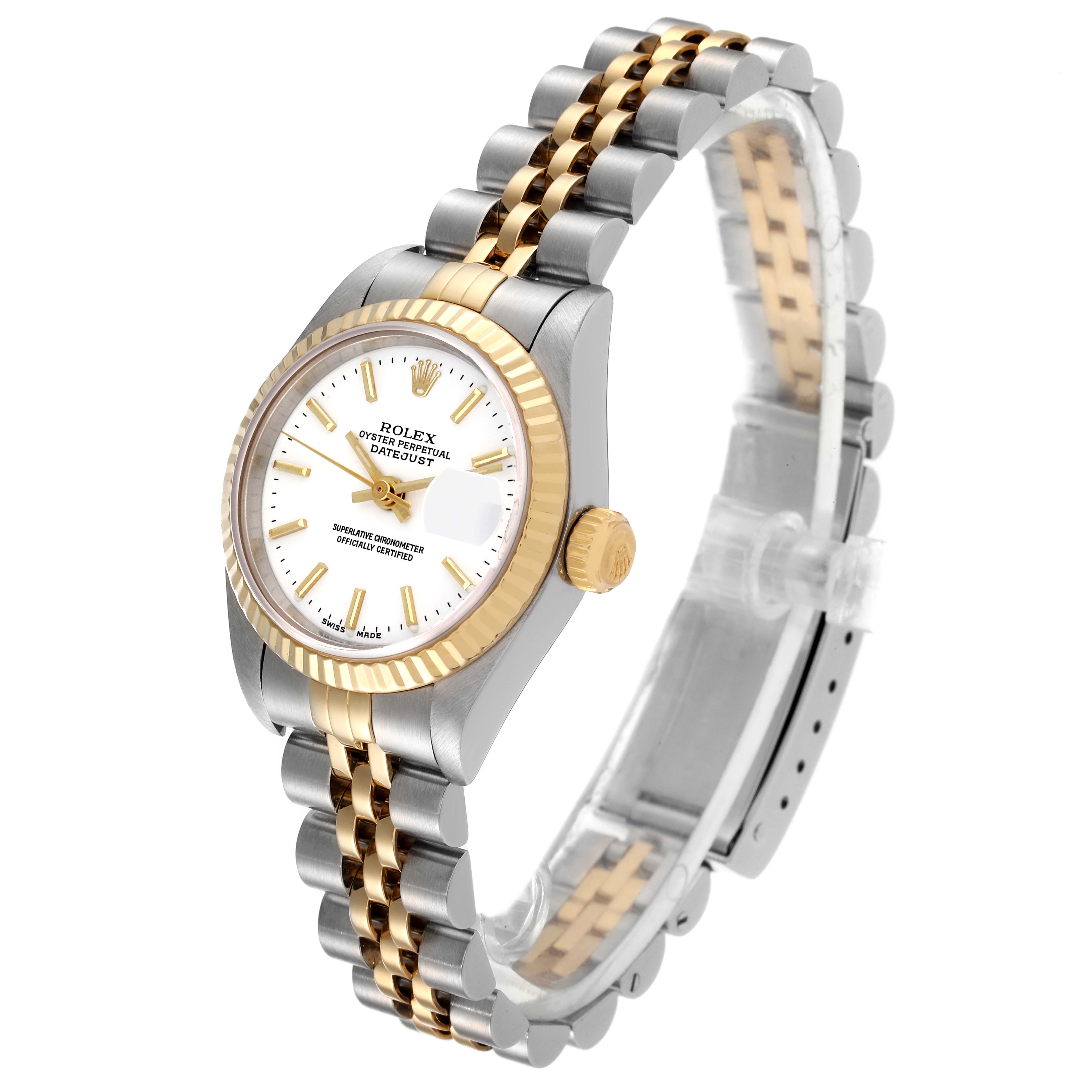 The image shows a Rolex Datejust 79173 Women's Steel and Gold (two tone) White Dial 79173 Women's Steel and Gold (two tone) White Dial watch at a three-quarter angle, highlighting the case, dial, bezel, crown, and bracelet.