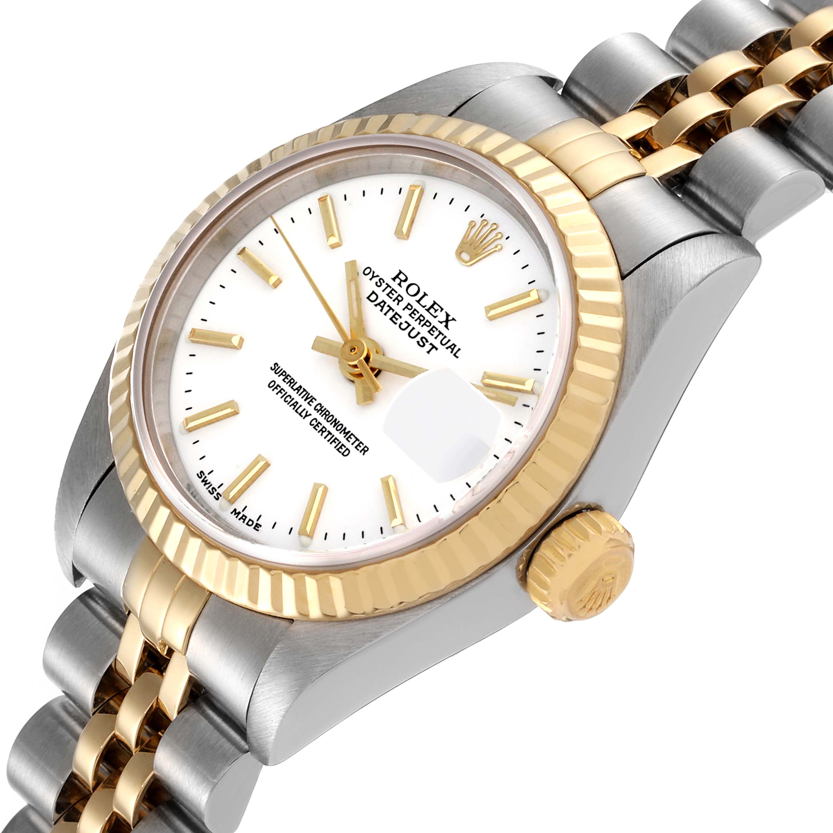This image shows the Rolex Datejust 79173 Women's Steel and Gold (two tone) White Dial 79173 Women's Steel and Gold (two tone) White Dial watch from an angle highlighting the face, bezel, crown, and part of the bracelet.