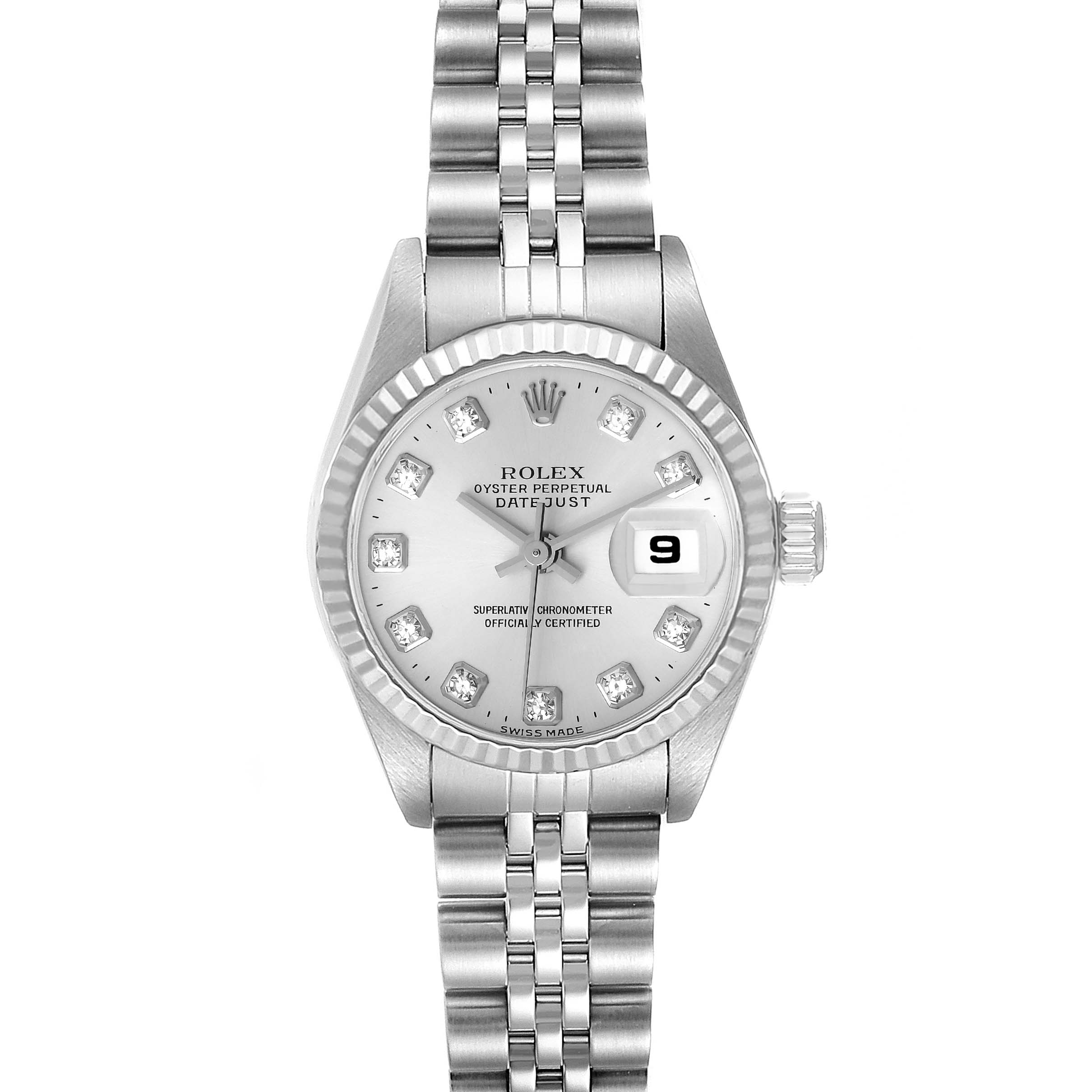 This image shows a frontal view of a Rolex Datejust 79174 Women's Stainless Steel Silver Dial 79174 Women's Stainless Steel Silver Dial watch displaying its dial, bezel, crown, and Jubilee bracelet.