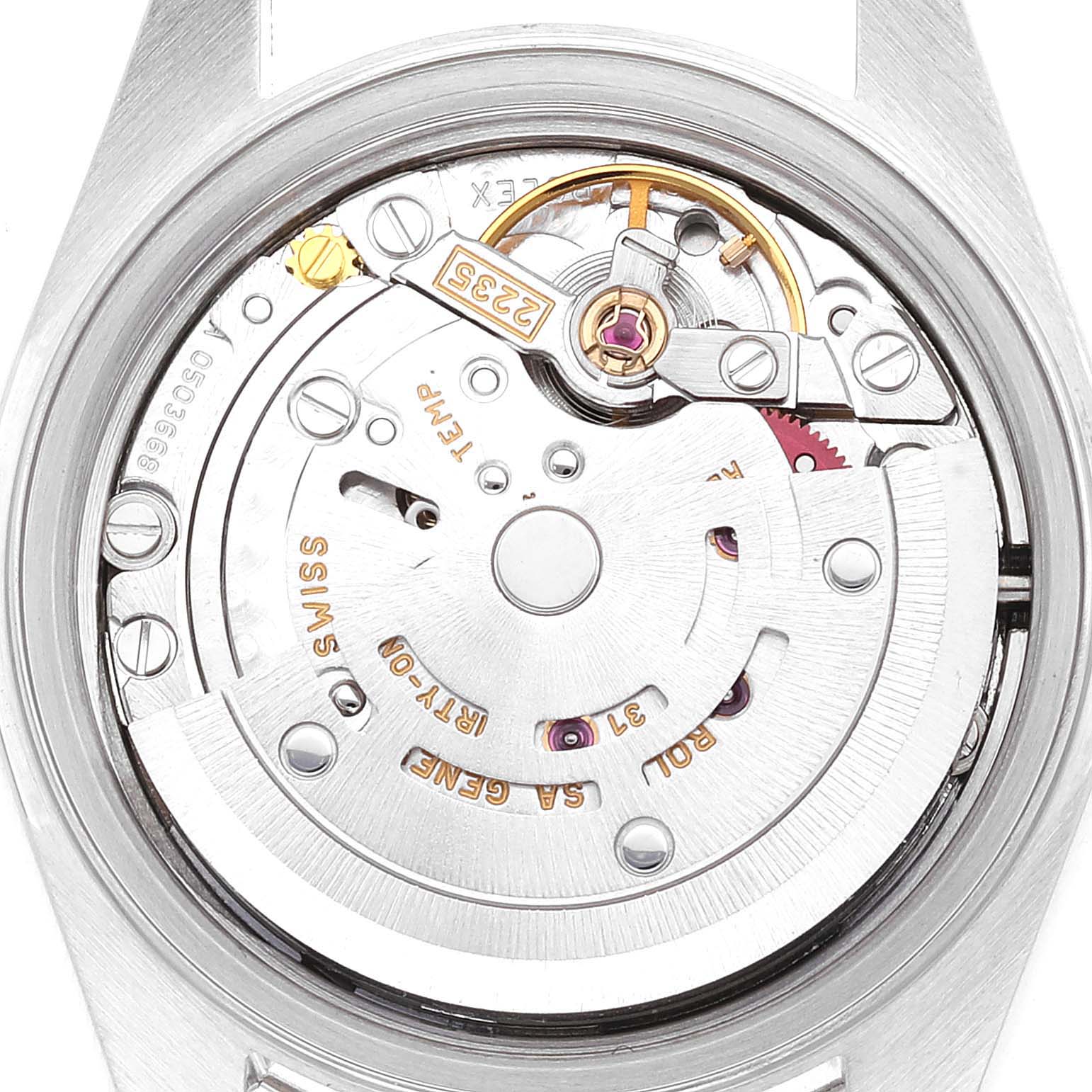 This image shows the internal mechanical movement of a Rolex Datejust 79174 Women's Stainless Steel Silver Dial 79174 Women's Stainless Steel Silver Dial from a top-down angle.